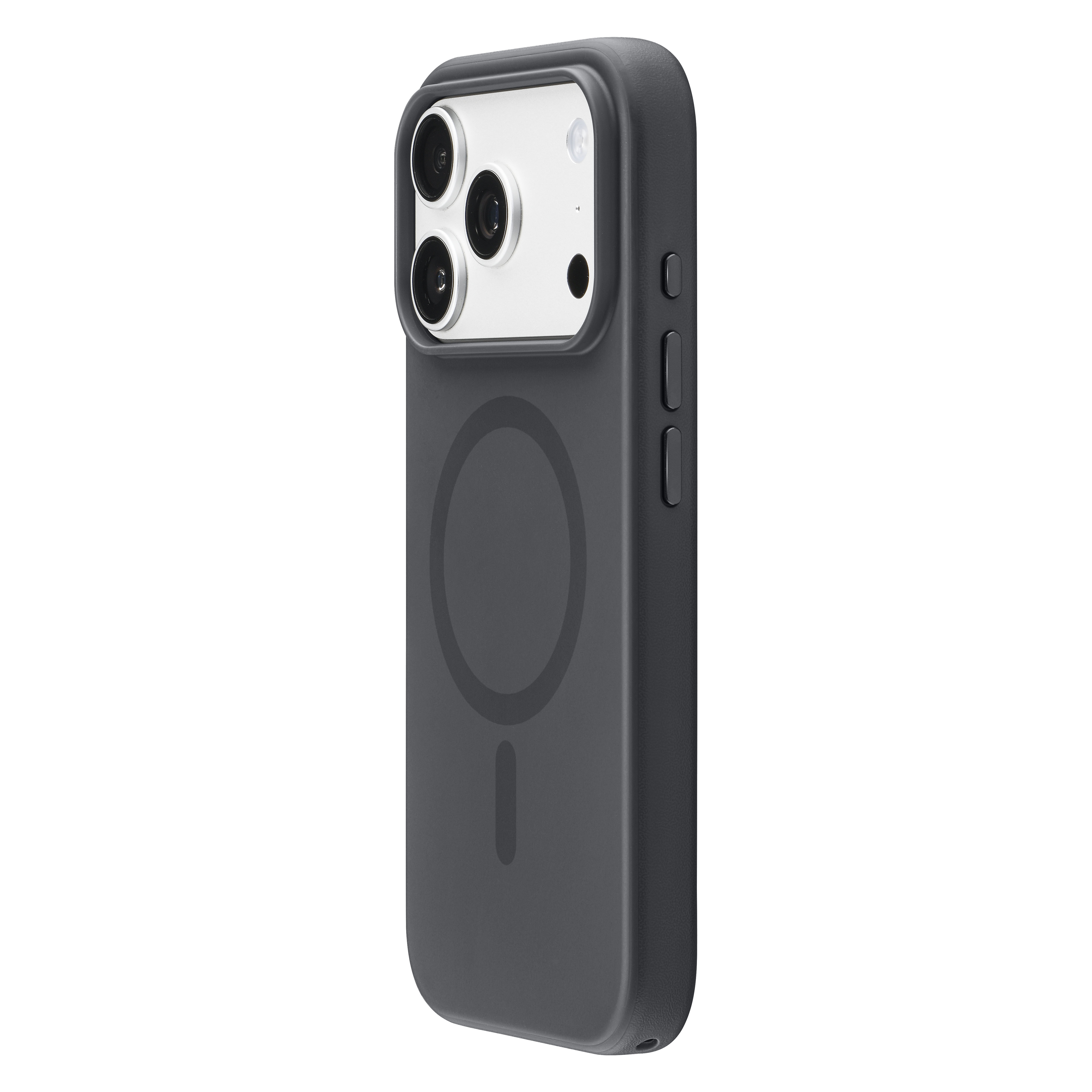 Arkasında üç kamera lensi ve MagSafe halkası olan gri koruyucu kılıflı bir akıllı telefon.
