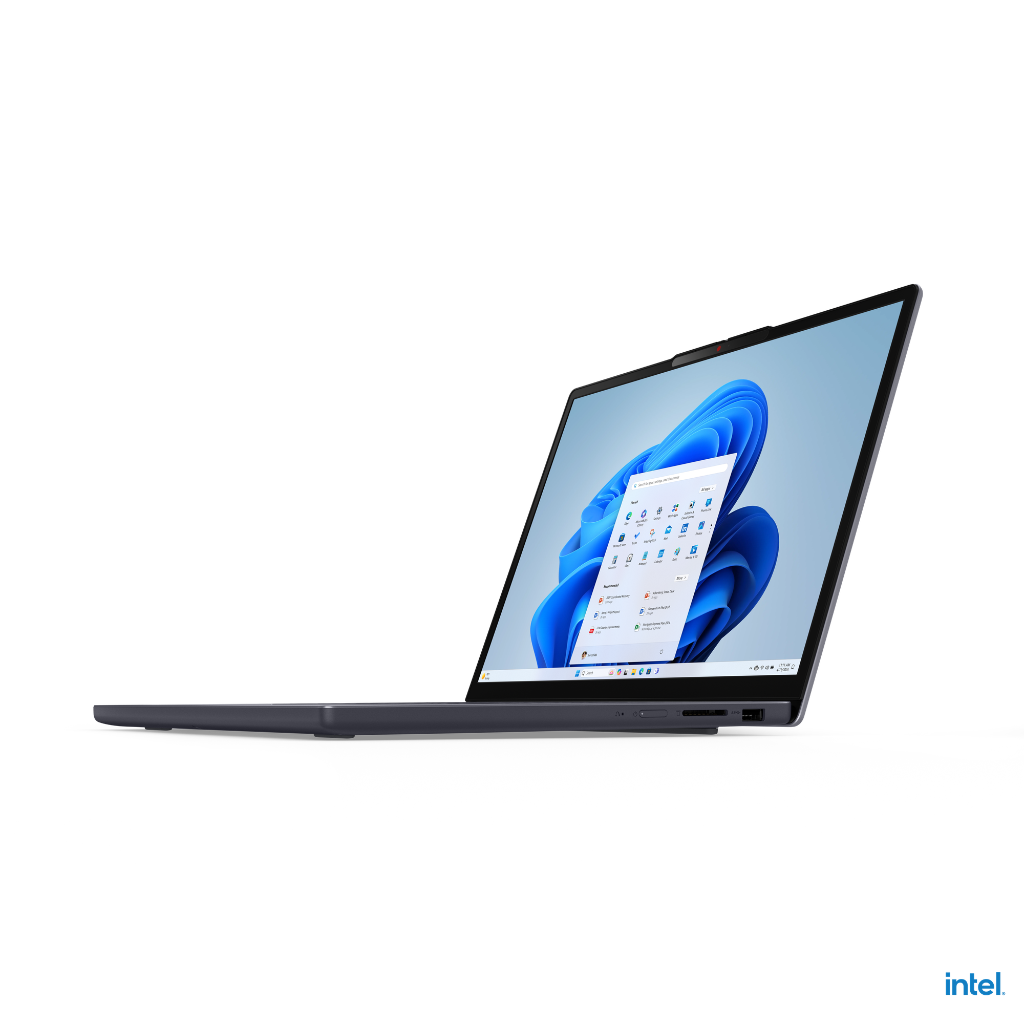 Siyah arka plan üzerinde, ekranında Windows başlat menüsü ve sağ altta Intel logosu olan gri bir dizüstü bilgisayar.