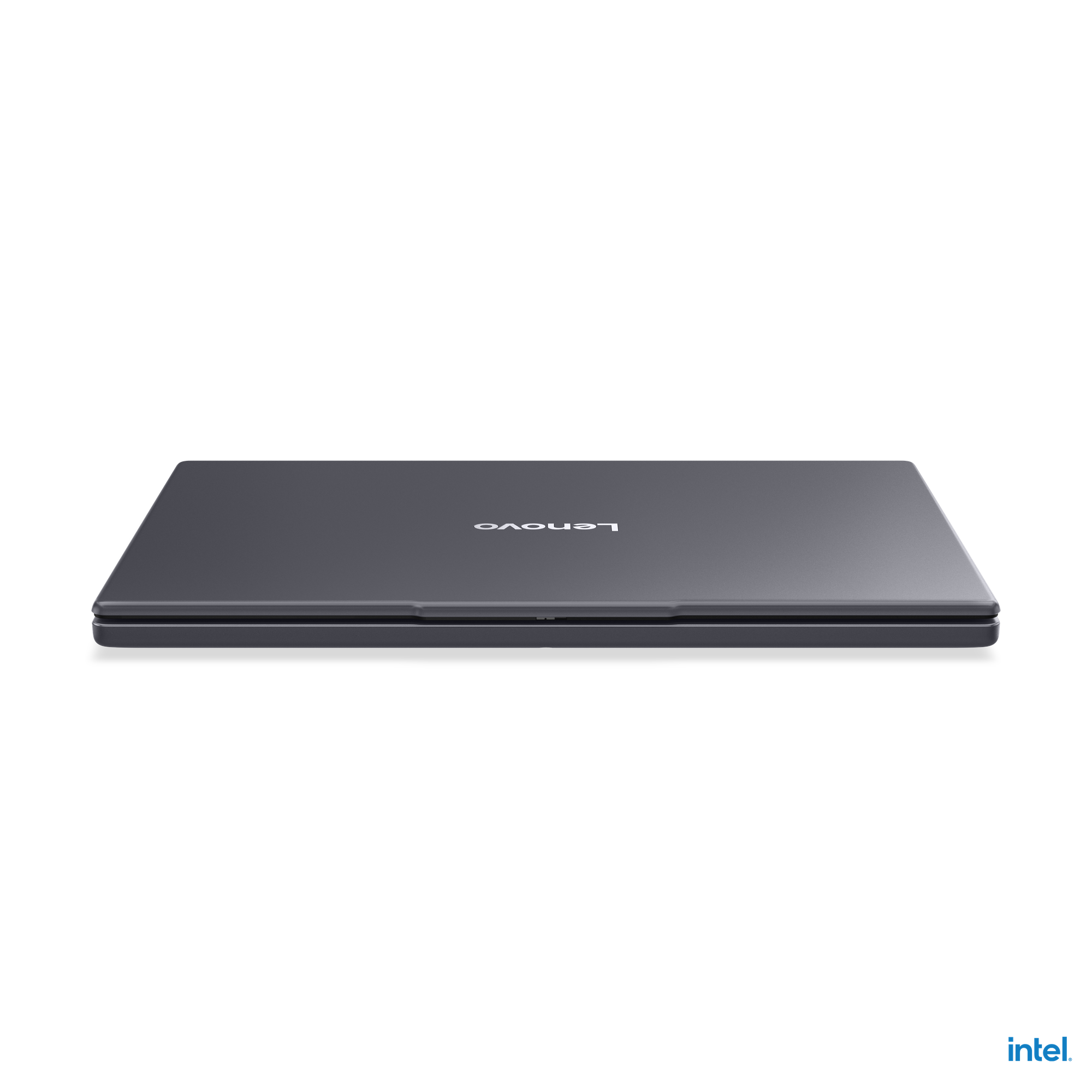 Siyah arka planda Intel logolu kapalı gri Lenovo dizüstü bilgisayar.