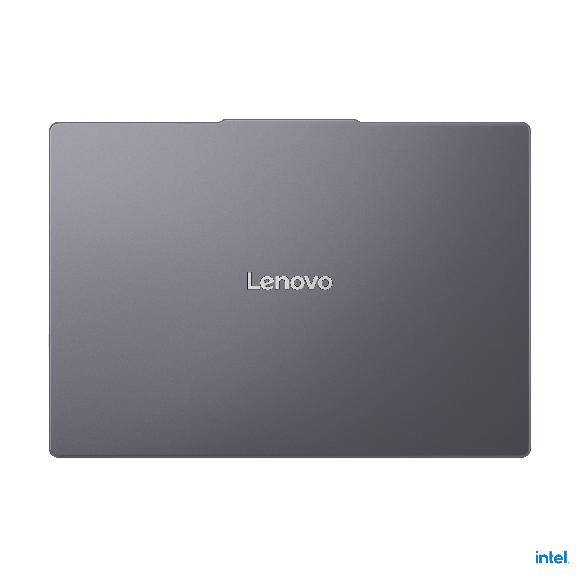 Intel logolu siyah arka planda kapalı gri Lenovo dizüstü bilgisayar.
