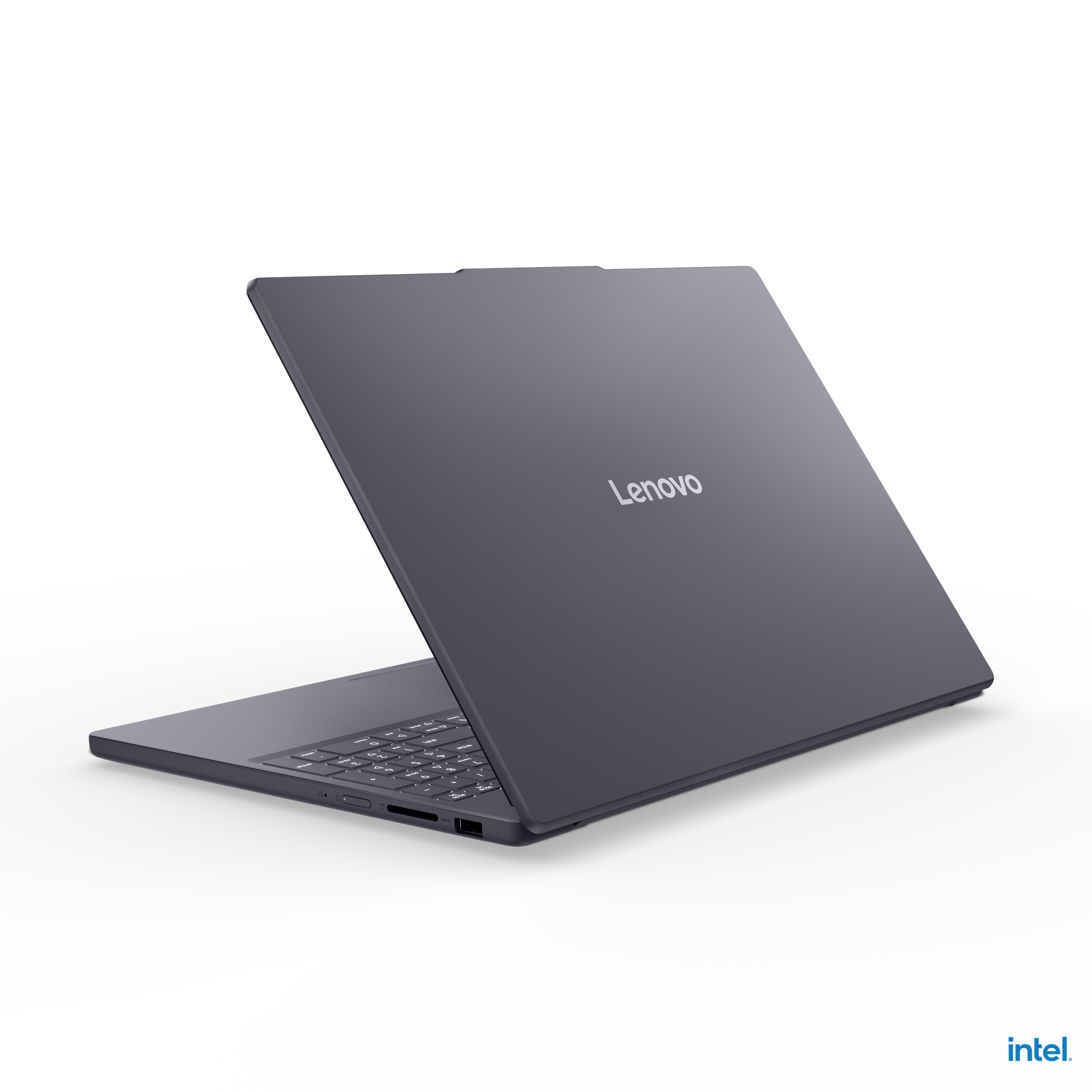 Siyah arka planda klavyesi görünen gri renkli bir Lenovo dizüstü bilgisayar.
