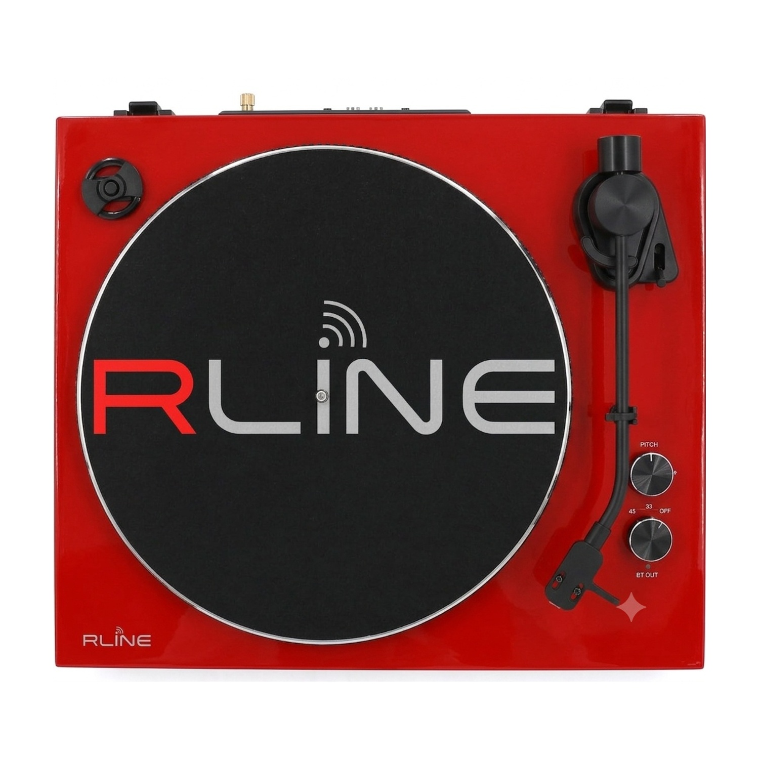 Un giradischi RLINE rosso con piatto nero, braccio e due manopole su uno sfondo bianco.