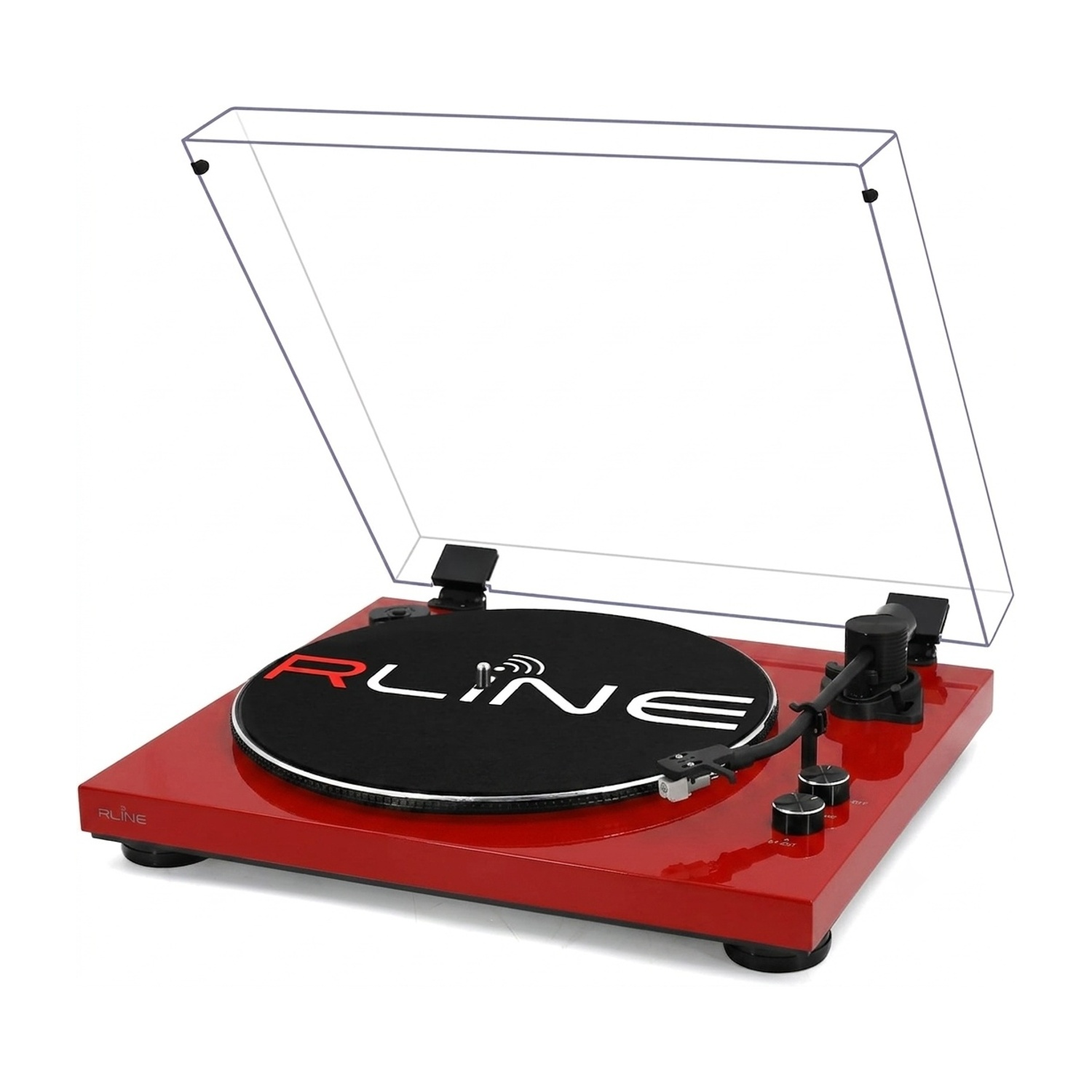 Un giradischi rosso con slipmat nero e coperchio trasparente aperto su sfondo bianco.