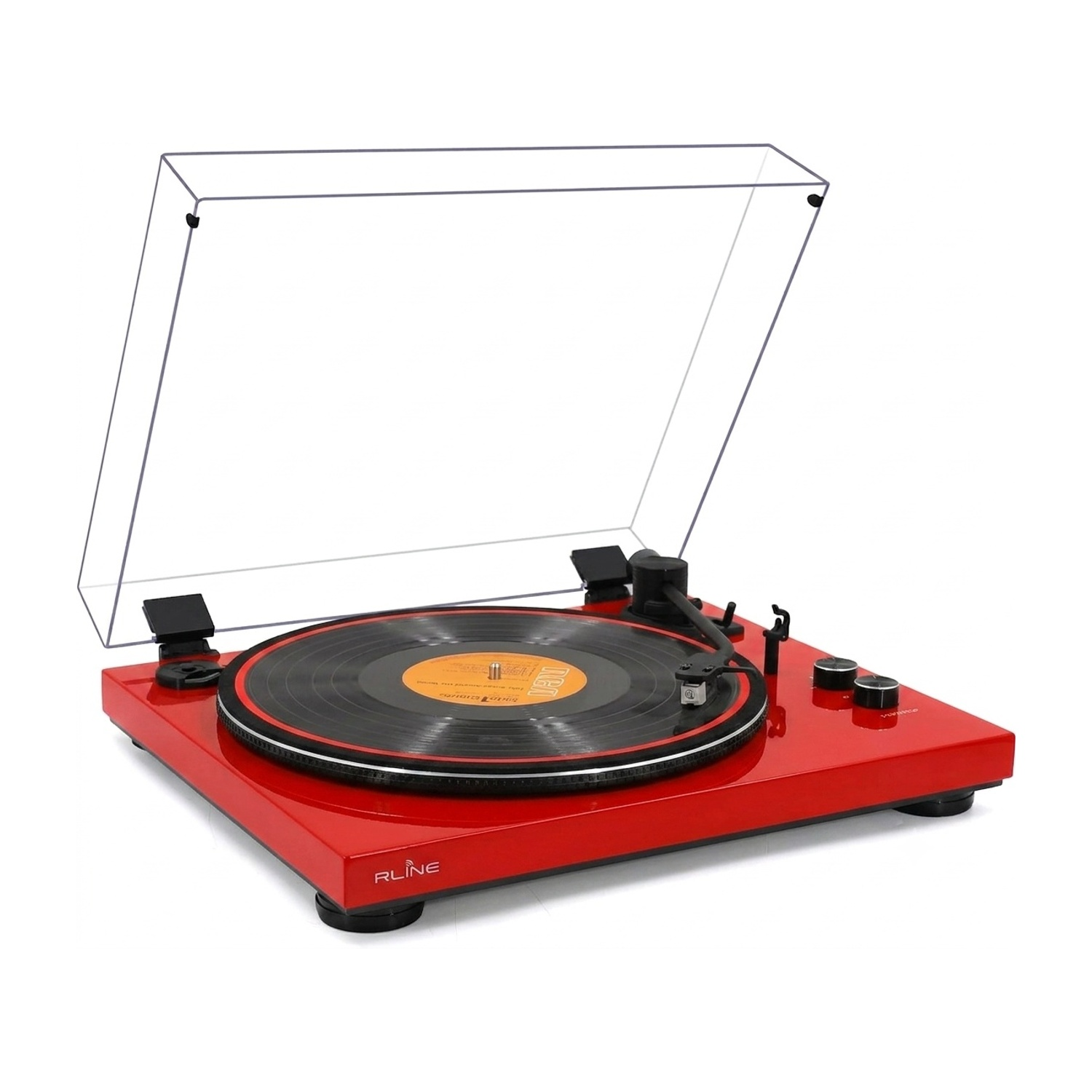 Un giradischi rosso con un disco nero e coperchio in plastica aperto su sfondo bianco.