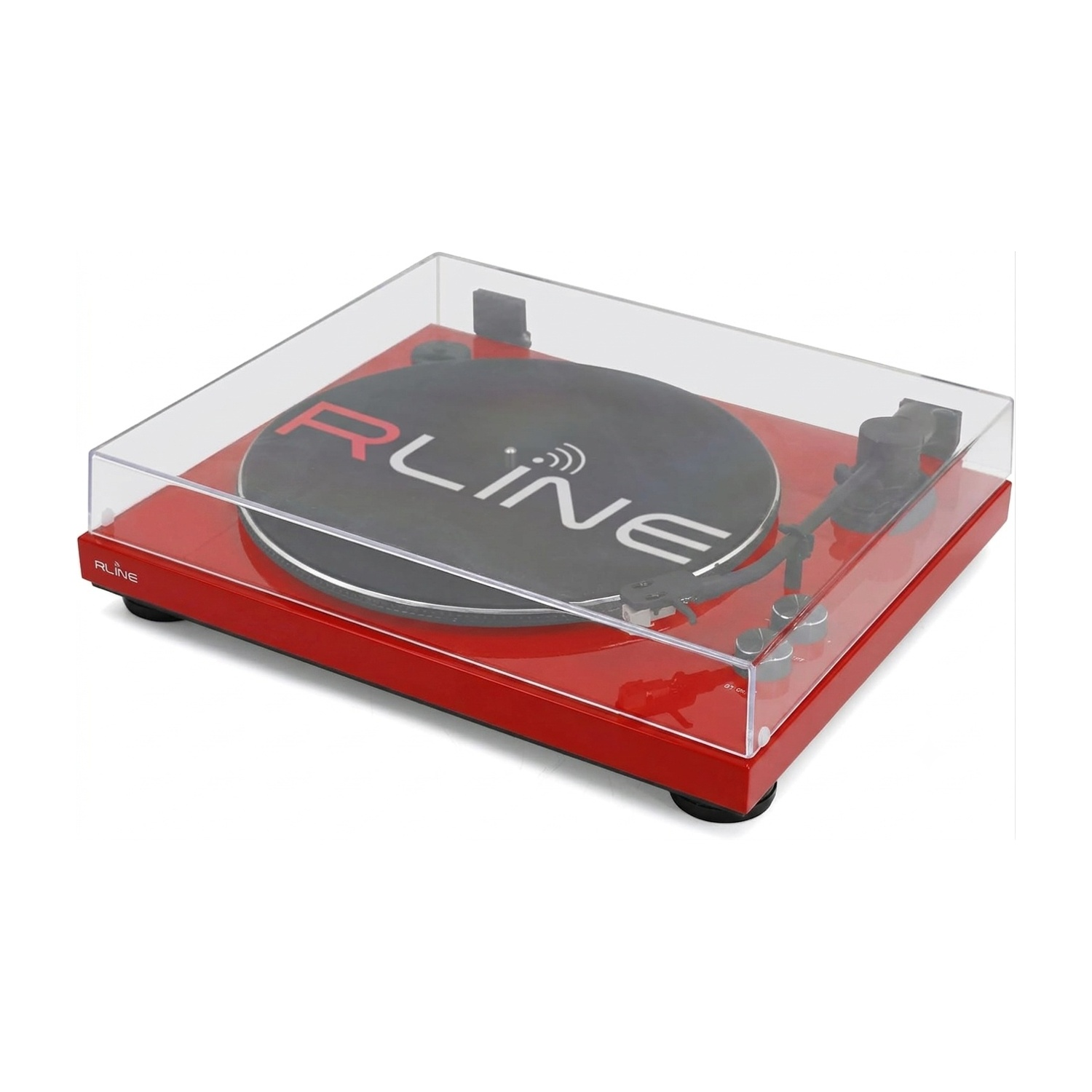 Giradischi RLINE rosso con coperchio trasparente e piatto nero su sfondo bianco.