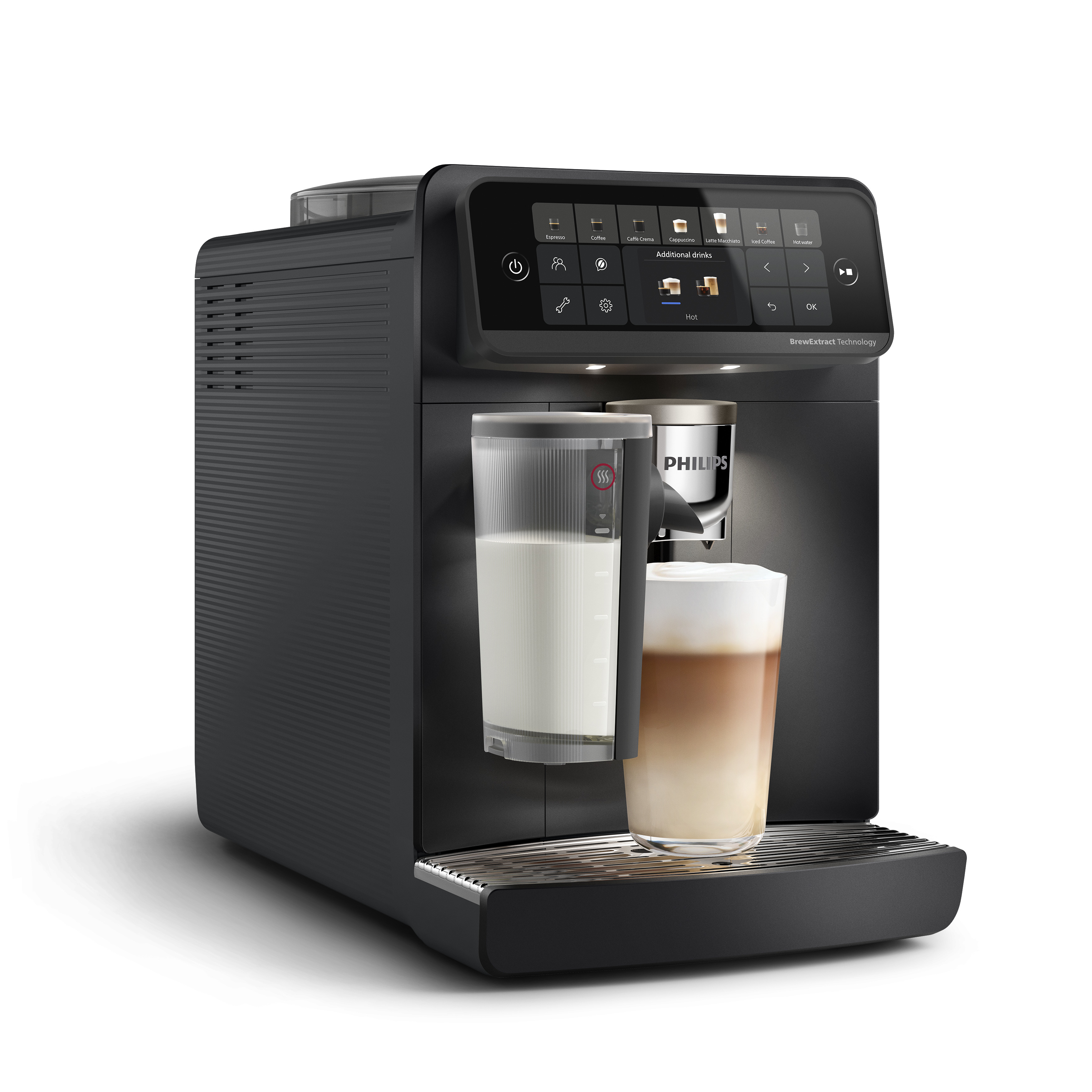 Schwarzer Philips-Kaffeevollautomat mit Milchkaraffe und gefülltem Latte Macchiato Glas.