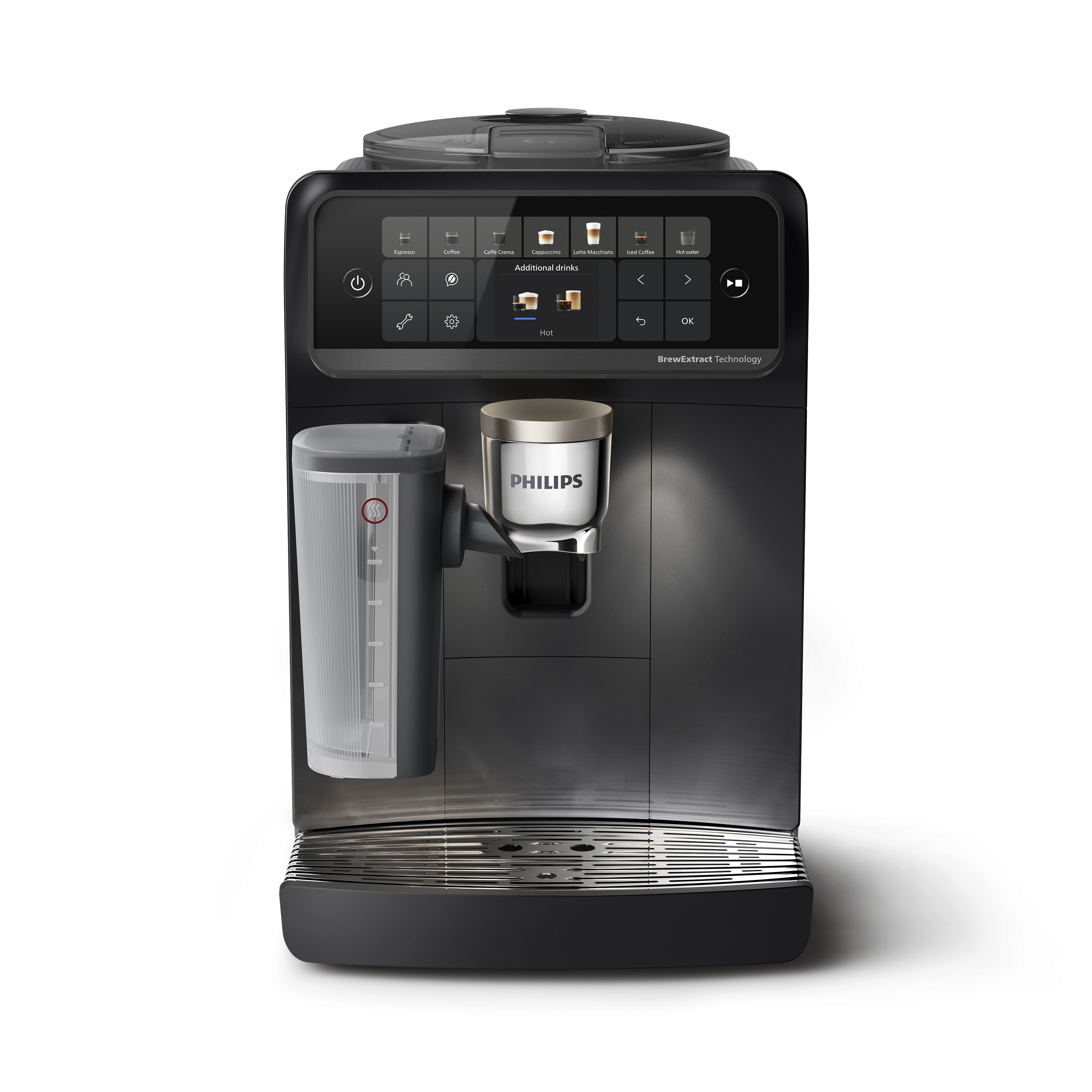 Eine schwarze Philips-Kaffeevollautomat mit Touchscreen und Milchbehälter auf weißem Hintergrund.