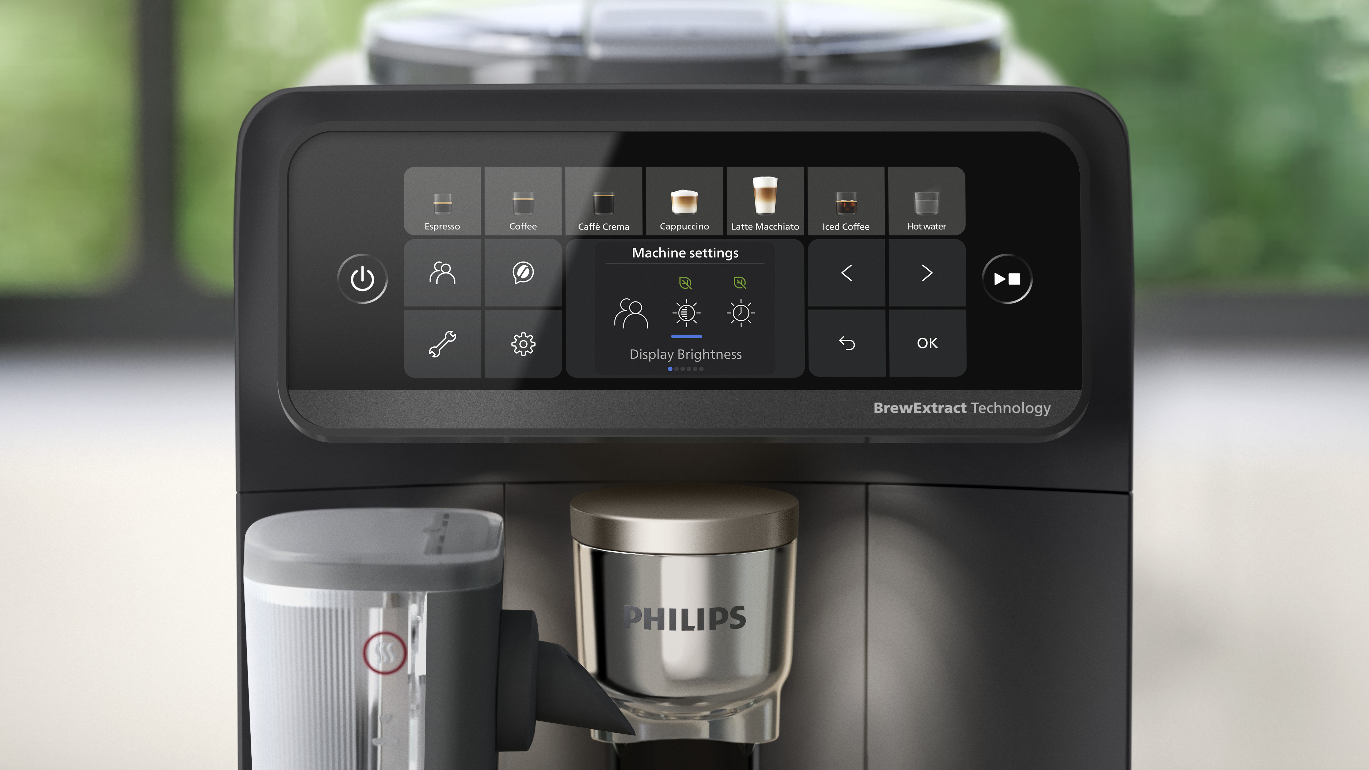 Philips Kaffeemaschine mit digitalem Touchscreen, der Getränkeauswahl und Maschineneinstellungen zeigt.