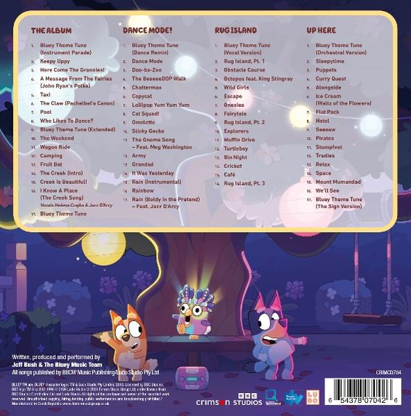 Blaues Albumcover mit Tracklists oben und Bluey-Figuren, die nachts unter einer Lichterkette im Gras tanzen.
