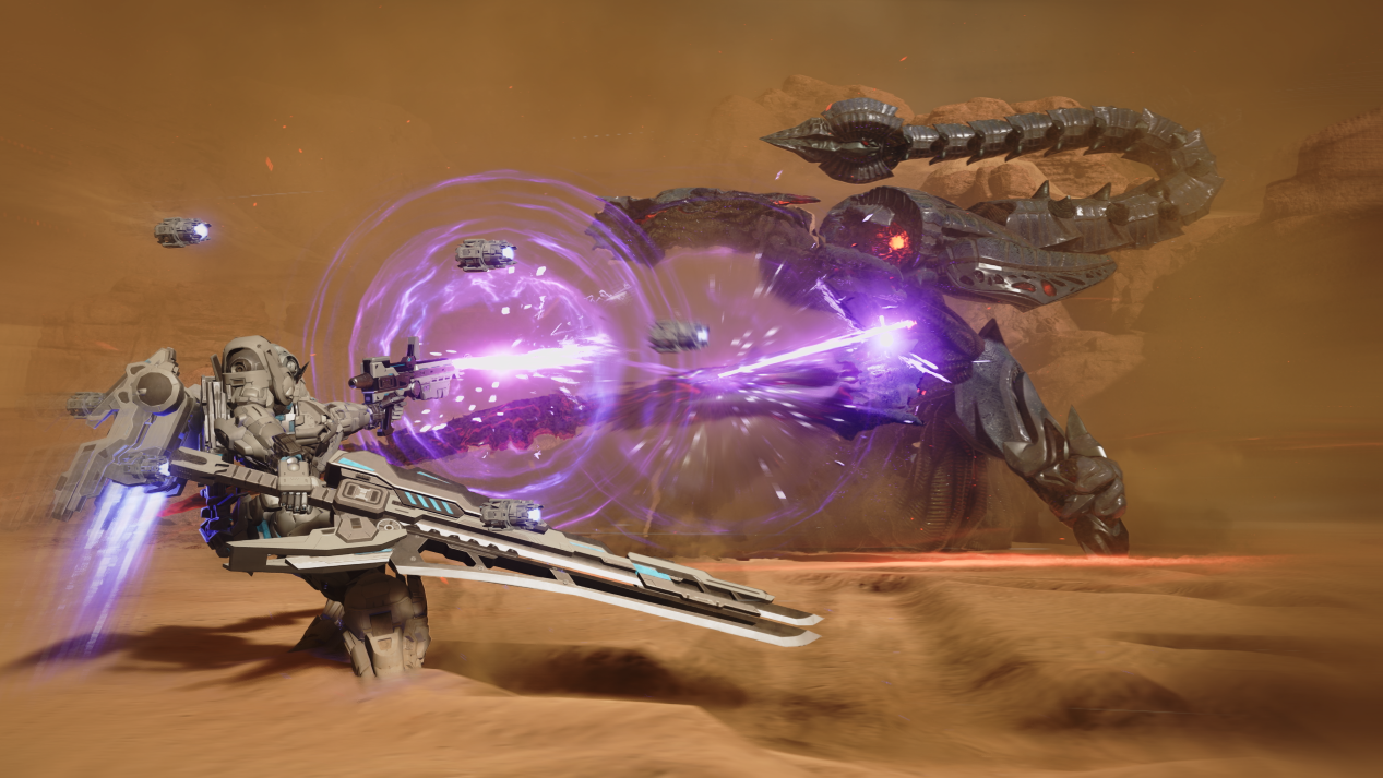 Ein Soldat im Exo-Anzug bekämpft ein großes, scorpionähnliches Alien in einer staubigen Wüstenlandschaft mit Lasern.