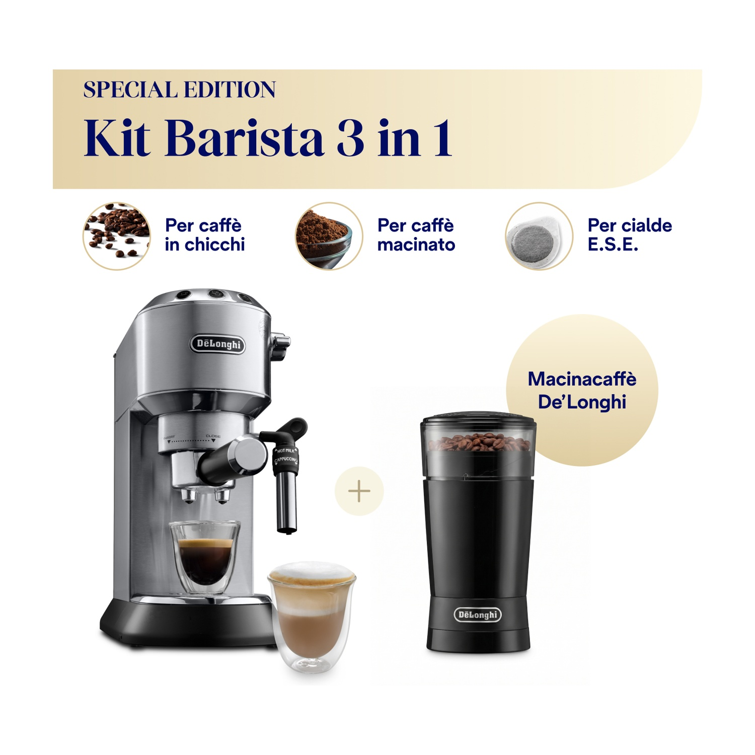 Kit Barista 3 in 1 De'Longhi con macchina da caffè argentata, tazze e macinacaffè nero.