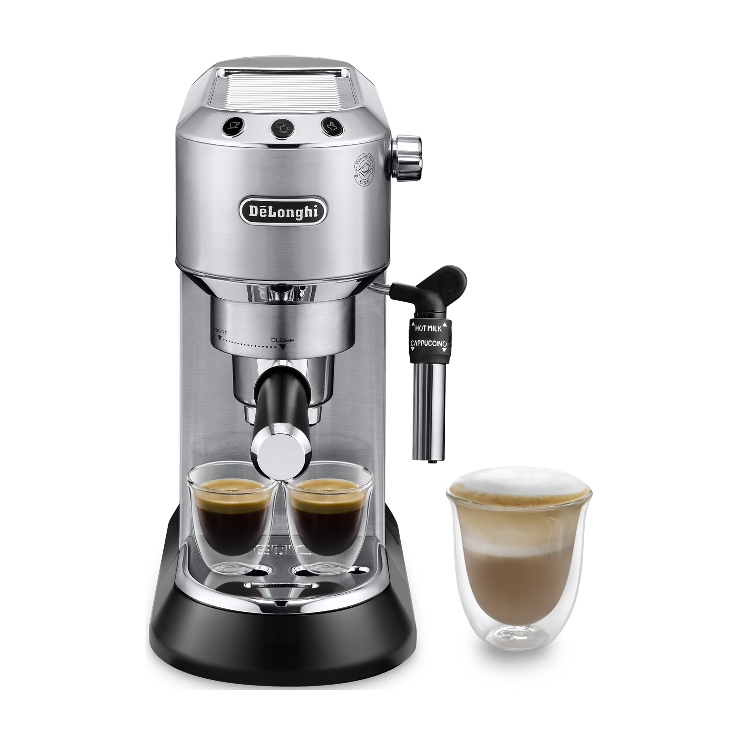 Una macchina da caffè espresso DeLonghi argentata con due tazzine di espresso e una tazza di cappuccino.