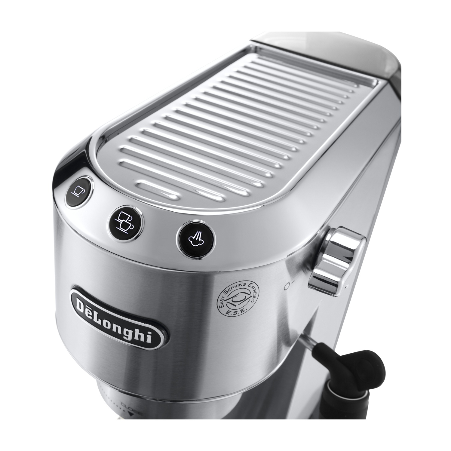 Macchina da caffè DeLonghi argento lucido vista dall'alto, con pulsanti e logo.