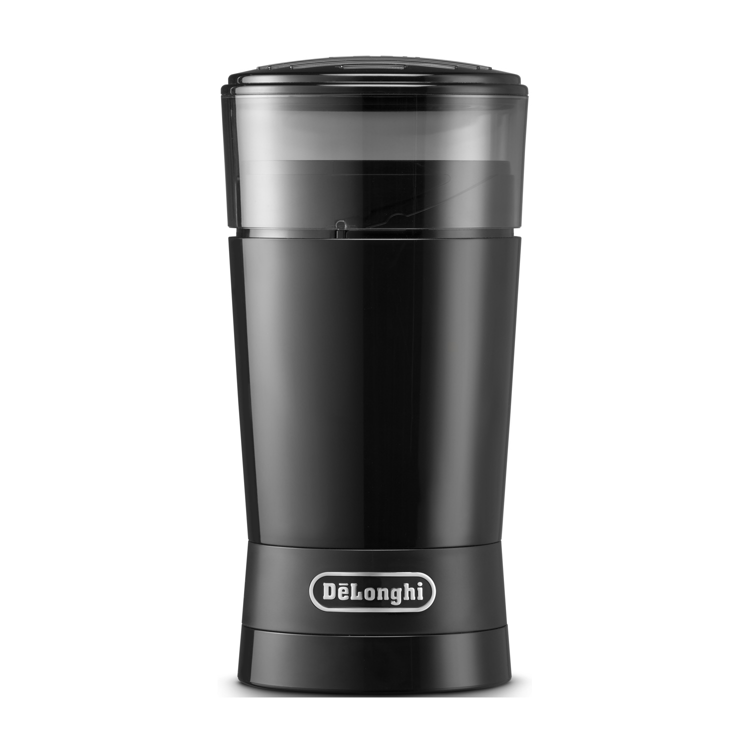 Macinacaffè elettrico nero De'Longhi su sfondo bianco.