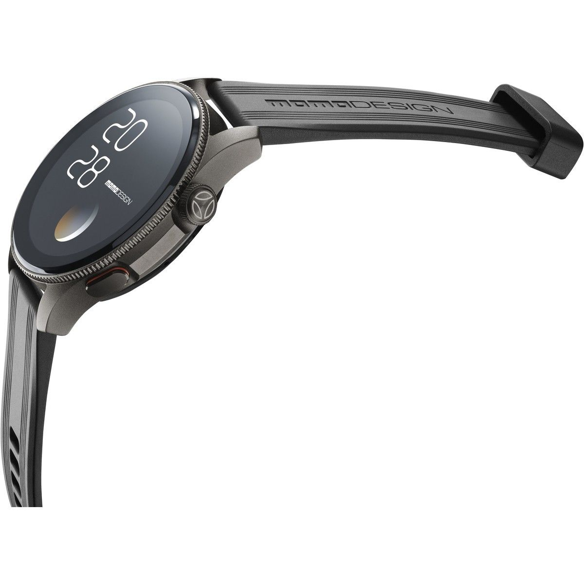 Eine schwarze Smartwatch mit rundem Display und strukturiertem Silikonarmband auf weißem Hintergrund.