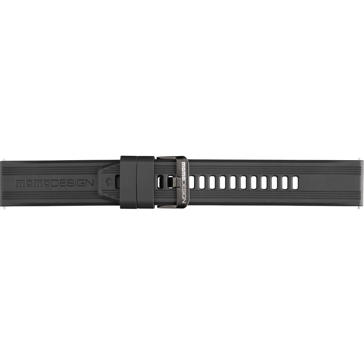 Schwarzes Silikon-Uhrenarmband mit Schnalle und Momodesign-Logo auf neutralem Hintergrund.