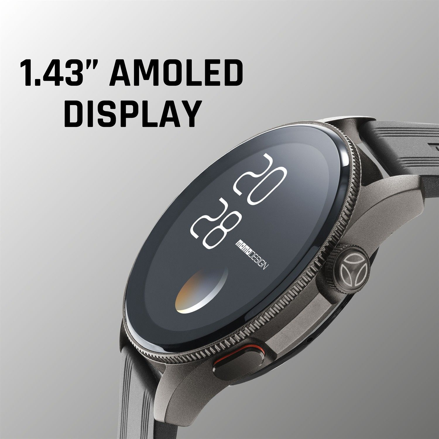 Eine schwarze Smartwatch mit rundem Display und Text '1.43 AMOLED DISPLAY' auf grauem Hintergrund.