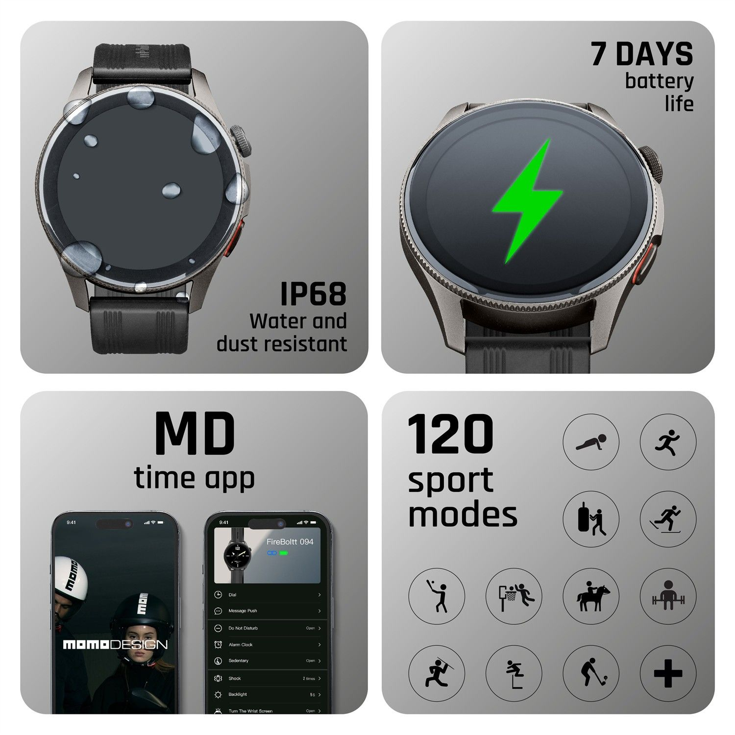 Vier Bilder zeigen Features einer Smartwatch: Wasserdichtigkeit, Akkudauer, App-Steuerung und 120 Sportmodi.