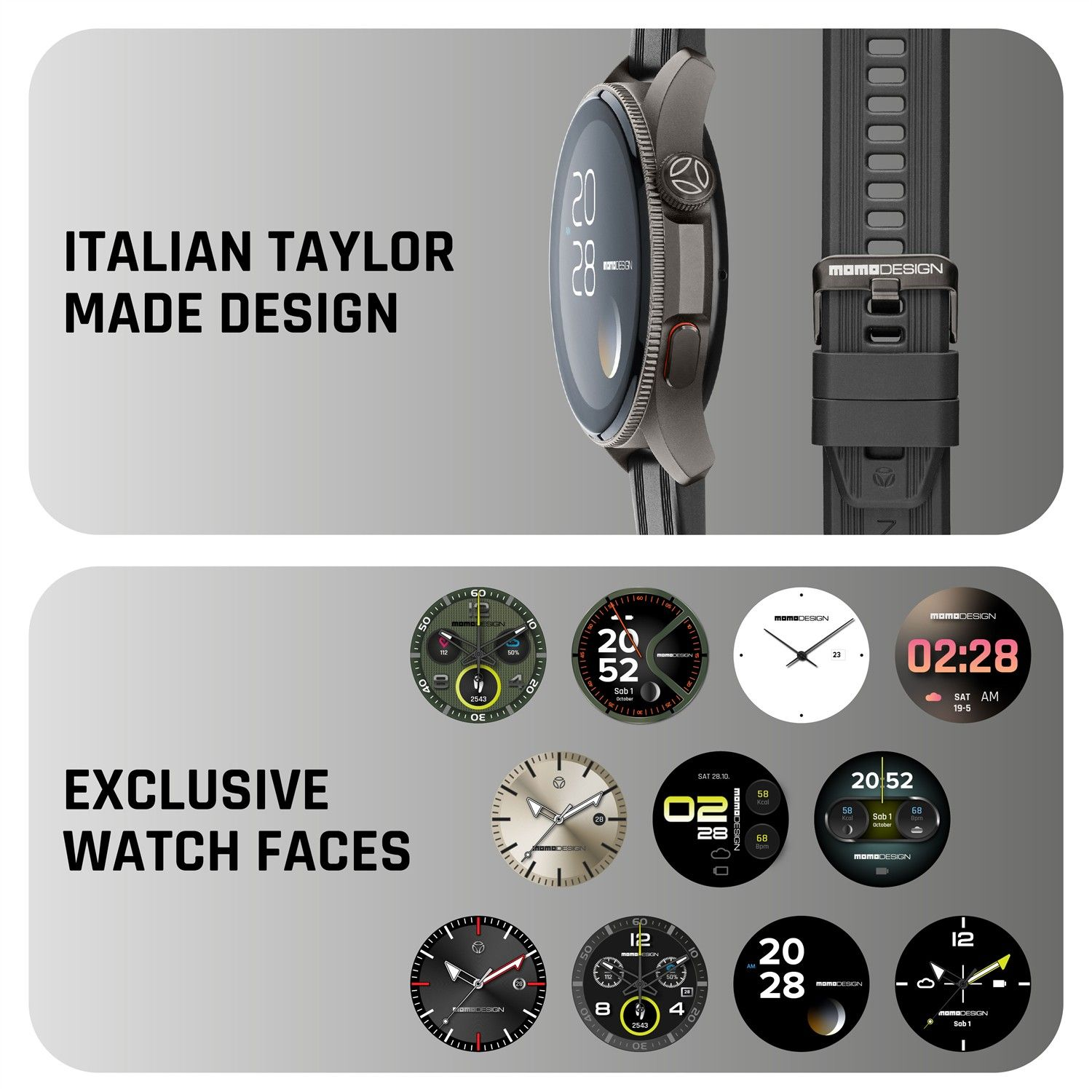 Werbebild für eine elegante schwarze Smartwatch mit austauschbaren Zifferblättern und Texten auf Grau.