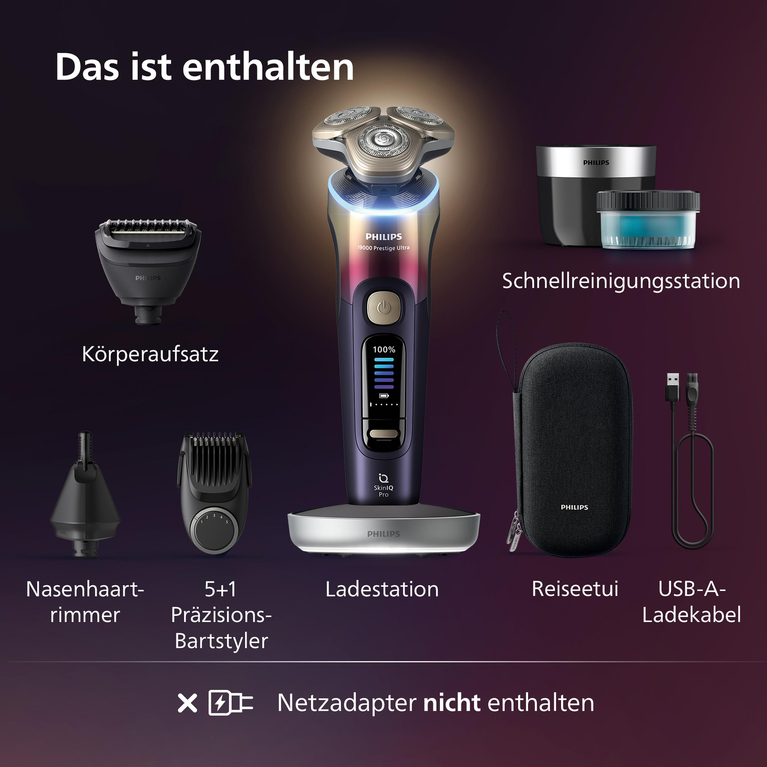Philips Rasierer mit Zubehör wie Aufsätzen, Ladestation, Reinigungsstation, Etui und USB-Kabel.