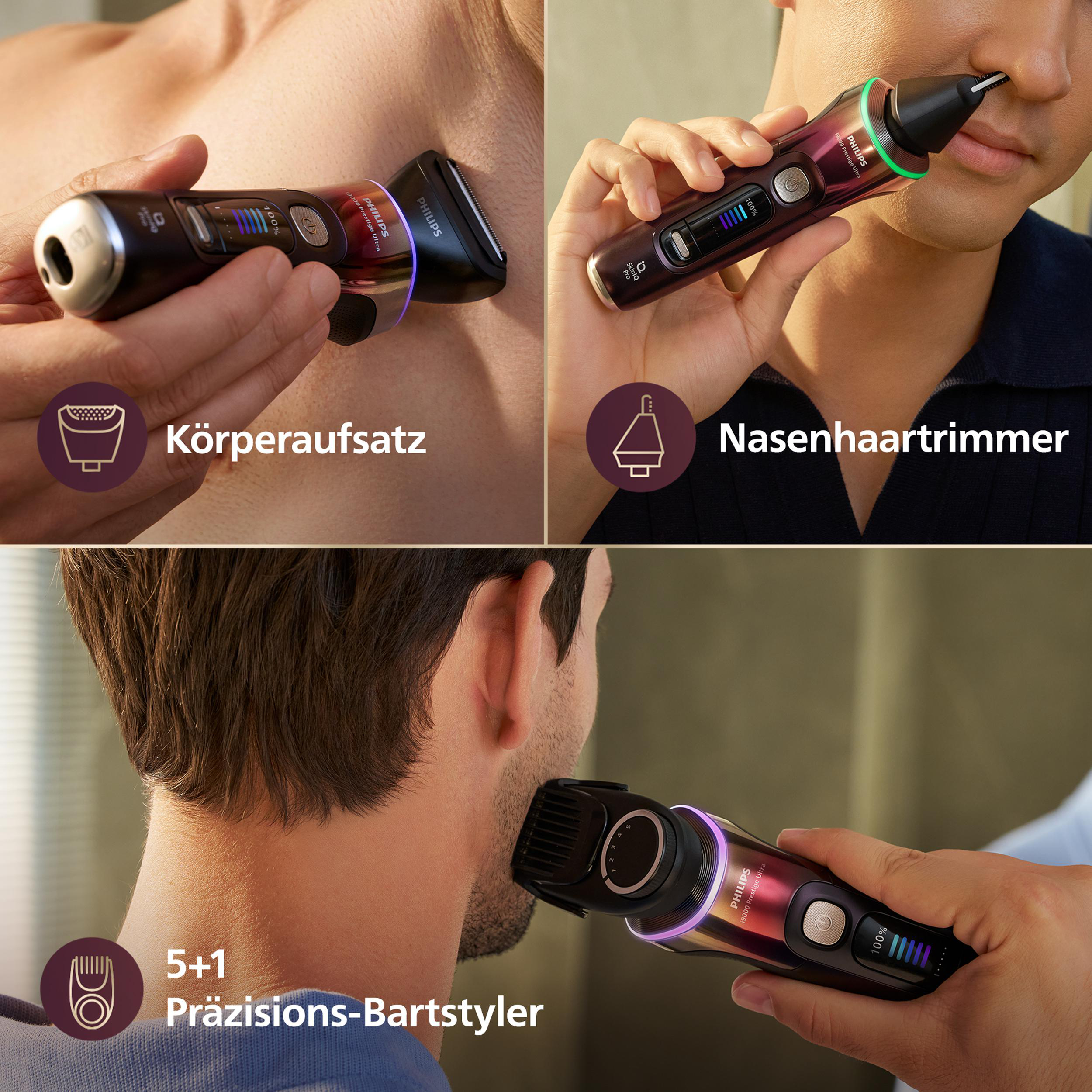 Ein Mann nutzt einen Philips Rasierer mit verschiedenen Aufsätzen für Körper, Nase und Bart.