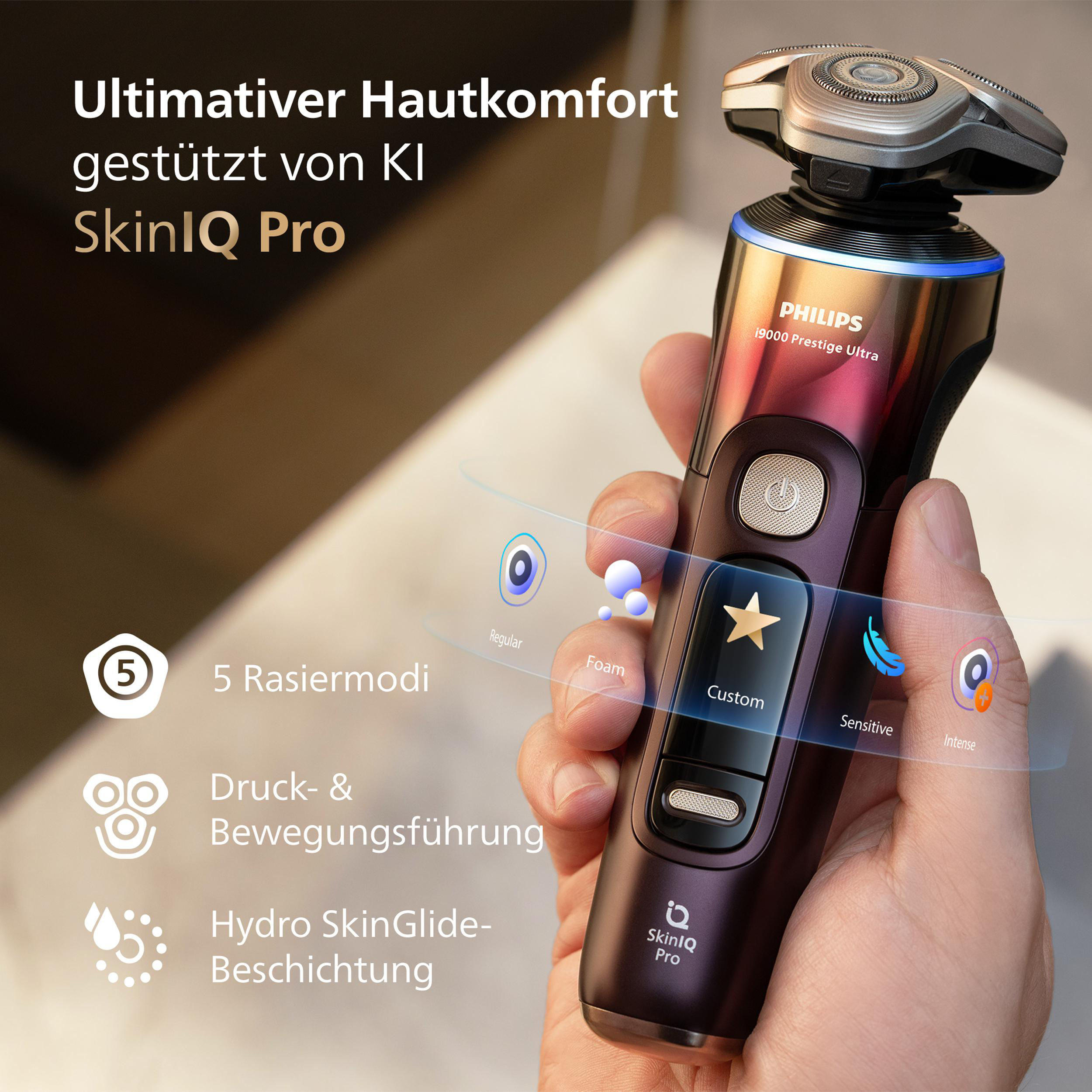 Hand hält modernen Philips Rasierer mit digitalem Display und Icons für verschiedene Rasiermodi.
