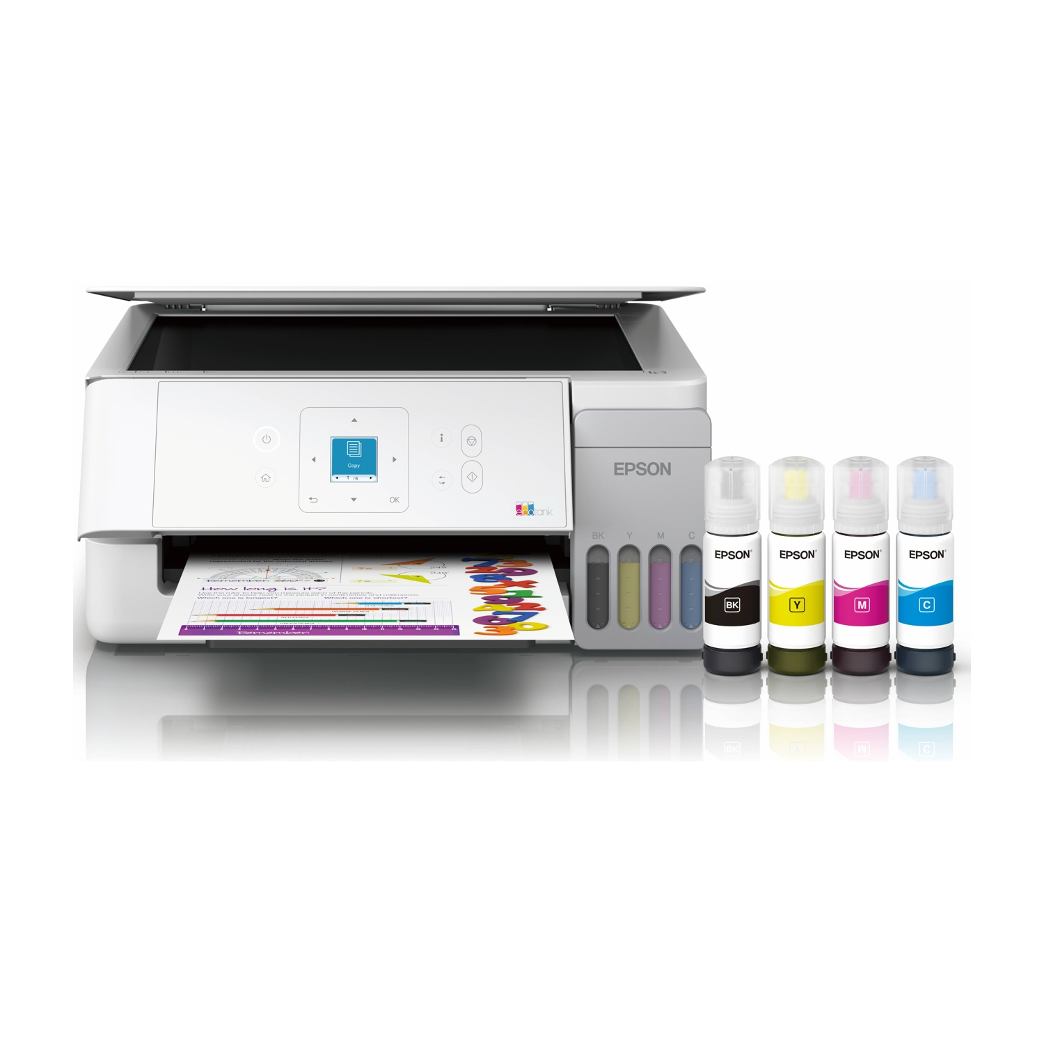 Una stampante bianca Epson EcoTank stampa un foglio di carta, con quattro flaconi di inchiostro colorati accanto.