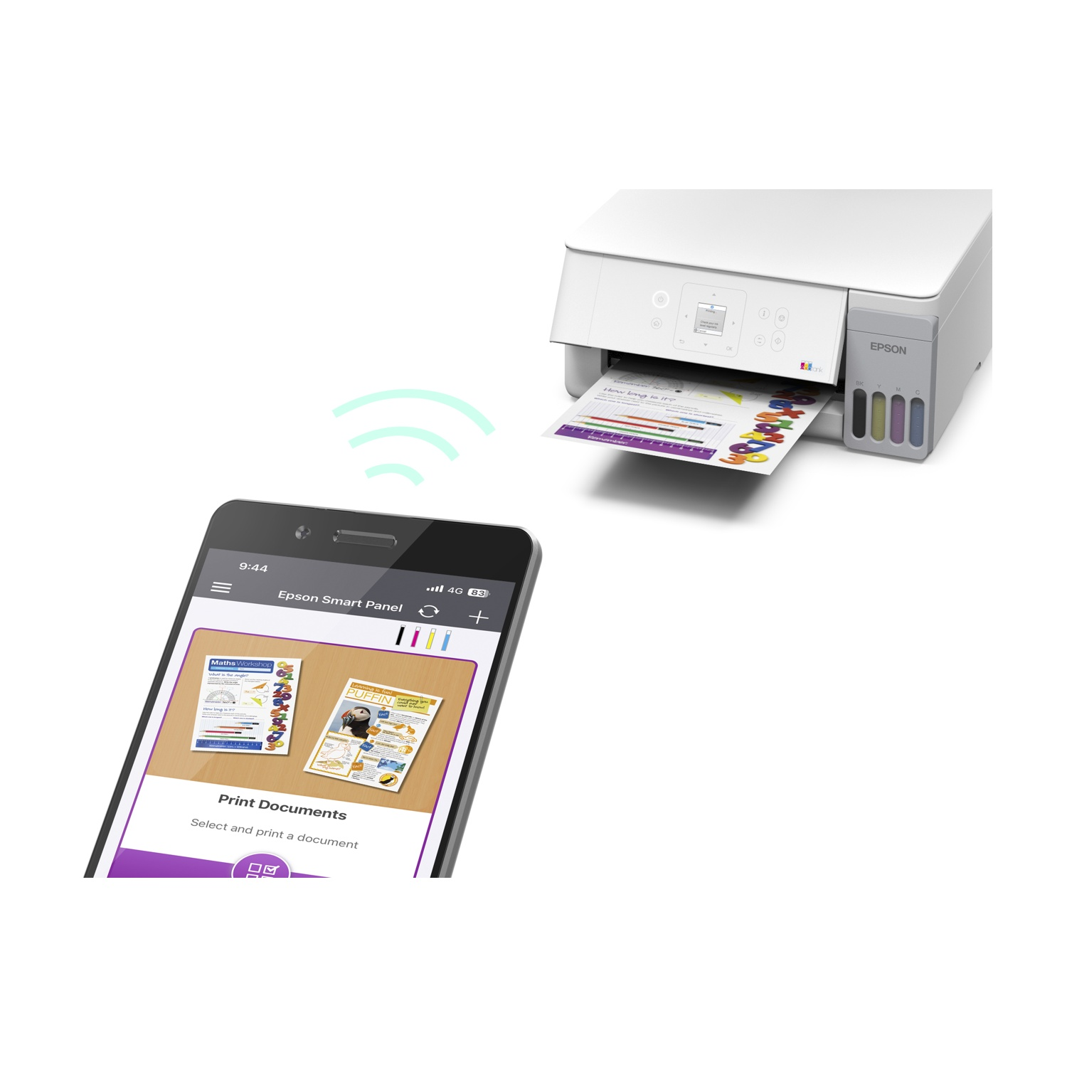 Uno smartphone si connette in modalità wireless a una stampante Epson che stampa un documento.
