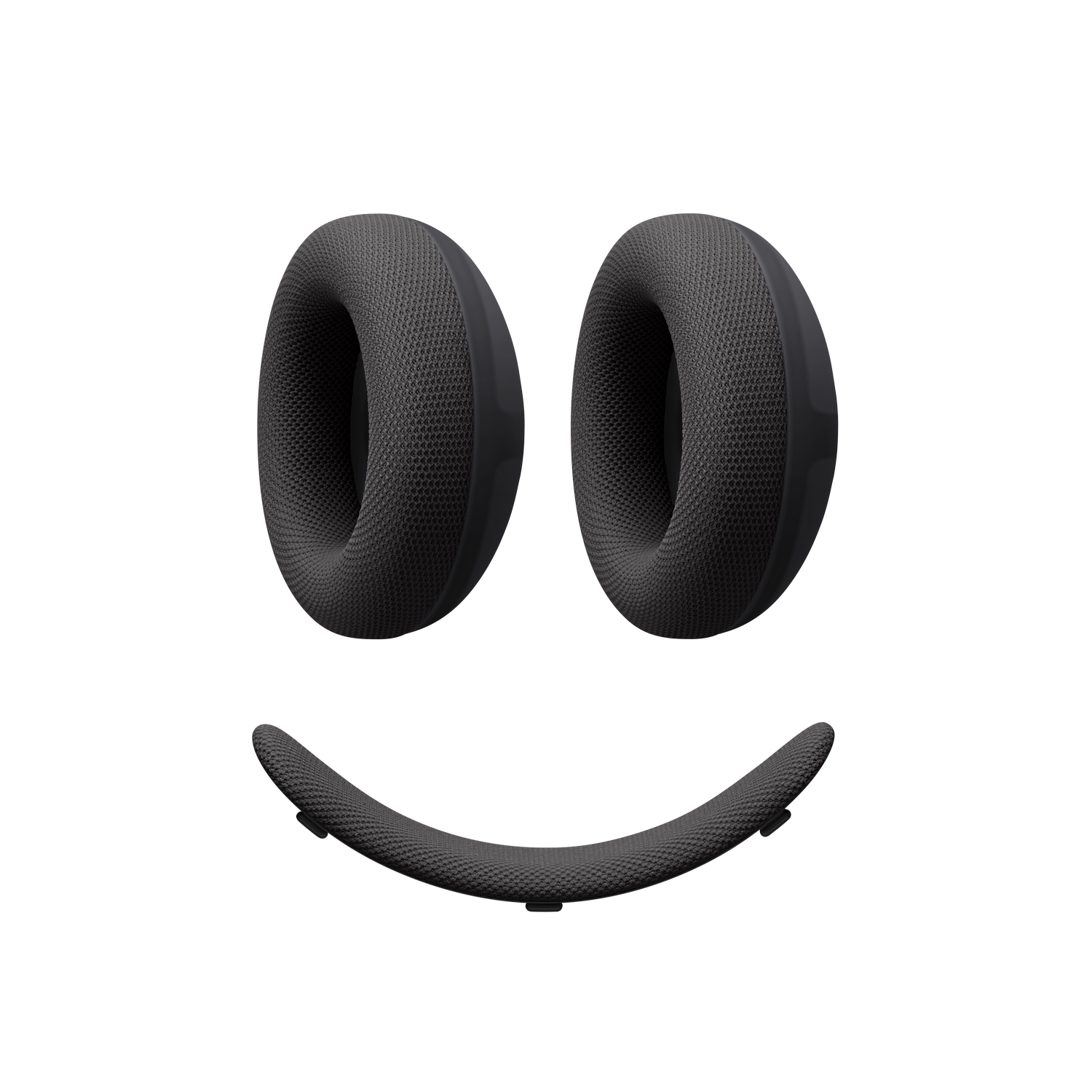 Dos almohadillas de auriculares negras y una diadema forman una cara sonriente sobre fondo negro.
