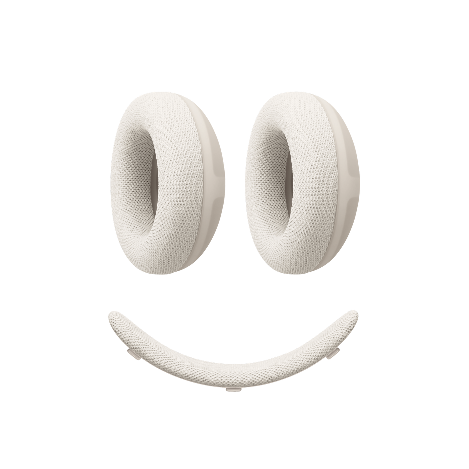 Partes de auriculares blancos forman una cara sonriente sobre fondo negro.
