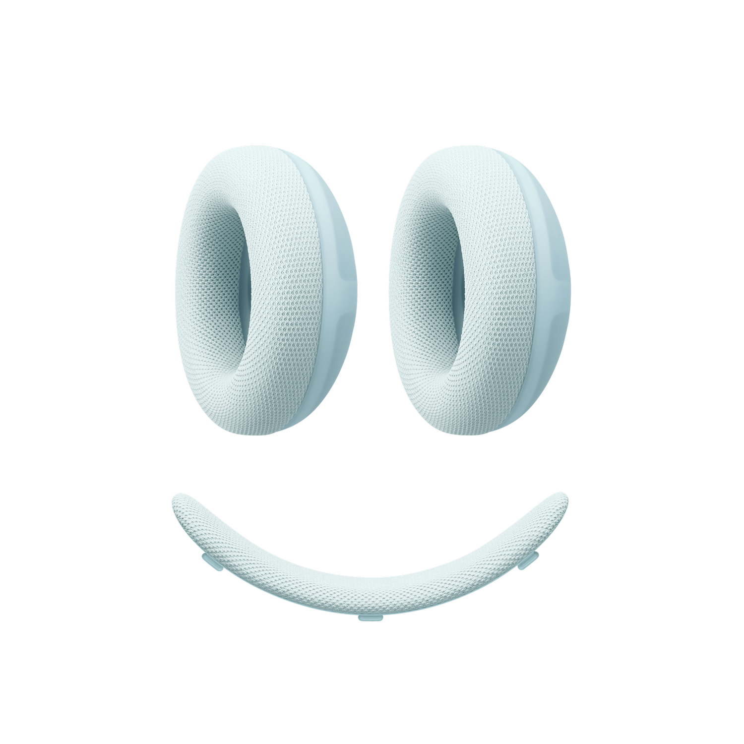 Dos almohadillas de auriculares ovales y claras y una banda curva forman una cara sonriente sobre fondo negro.