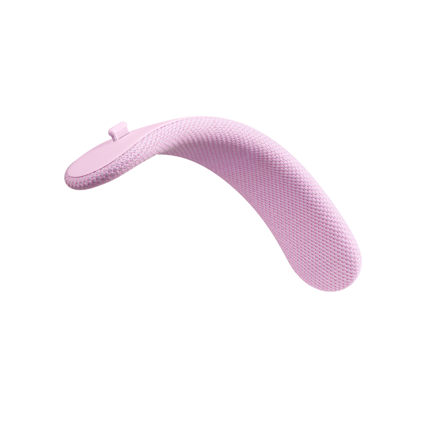 Un dispositivo de bienestar rosa y curvado con superficie texturizada sobre fondo negro.