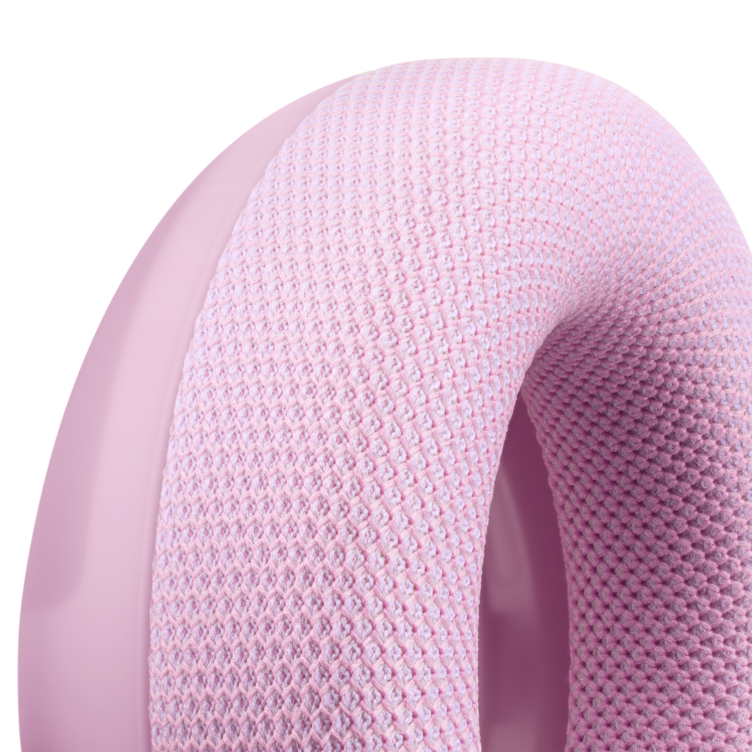 Una almohadilla de auriculares rosa y texturizada con una base lisa sobre fondo negro.