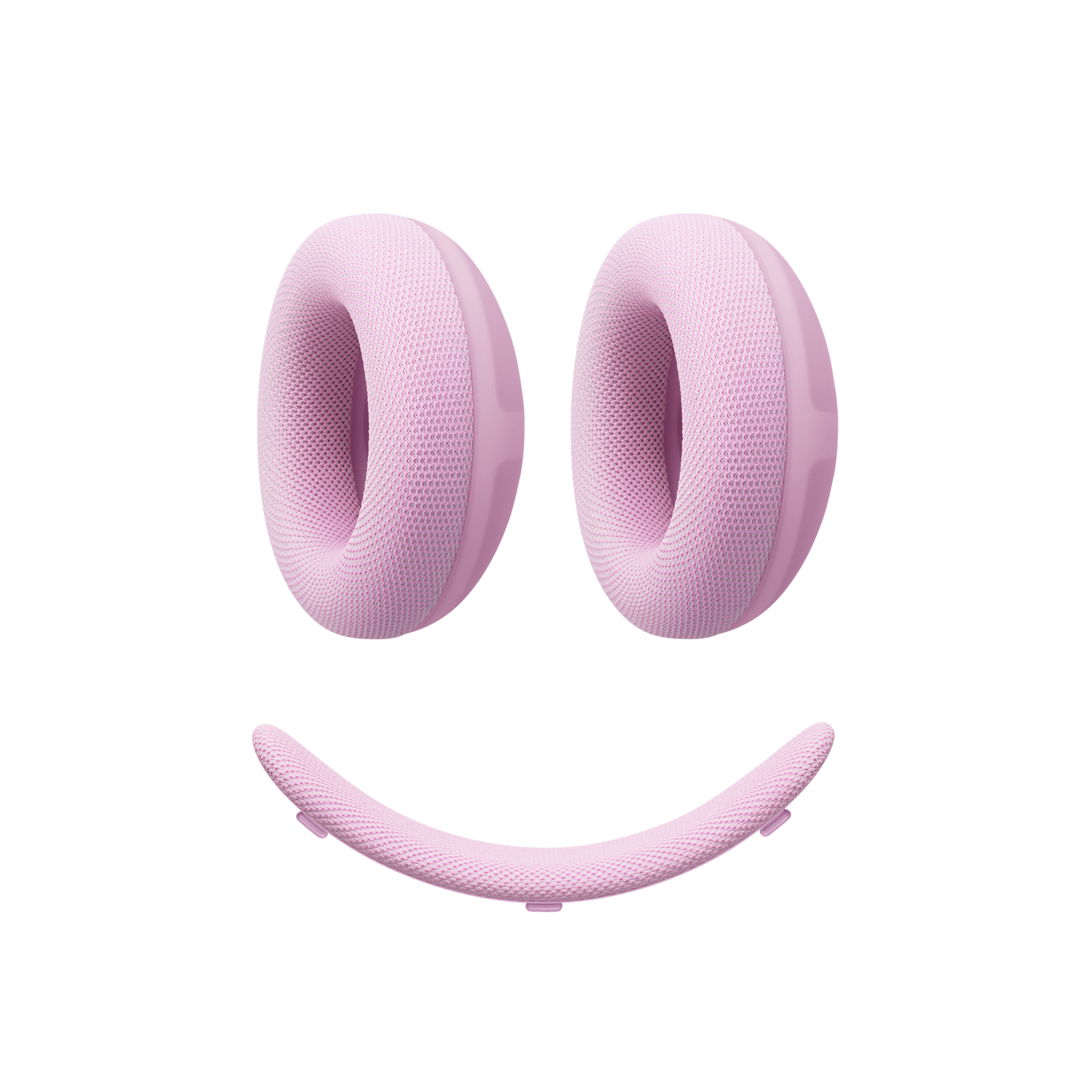 Dos almohadillas de auriculares rosas y una diadema forman una cara sonriente sobre fondo negro.