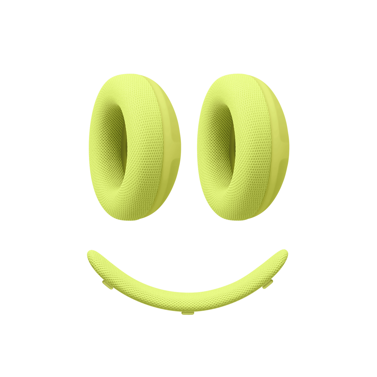 Una cara sonriente hecha de partes de auriculares amarillos sobre fondo negro.