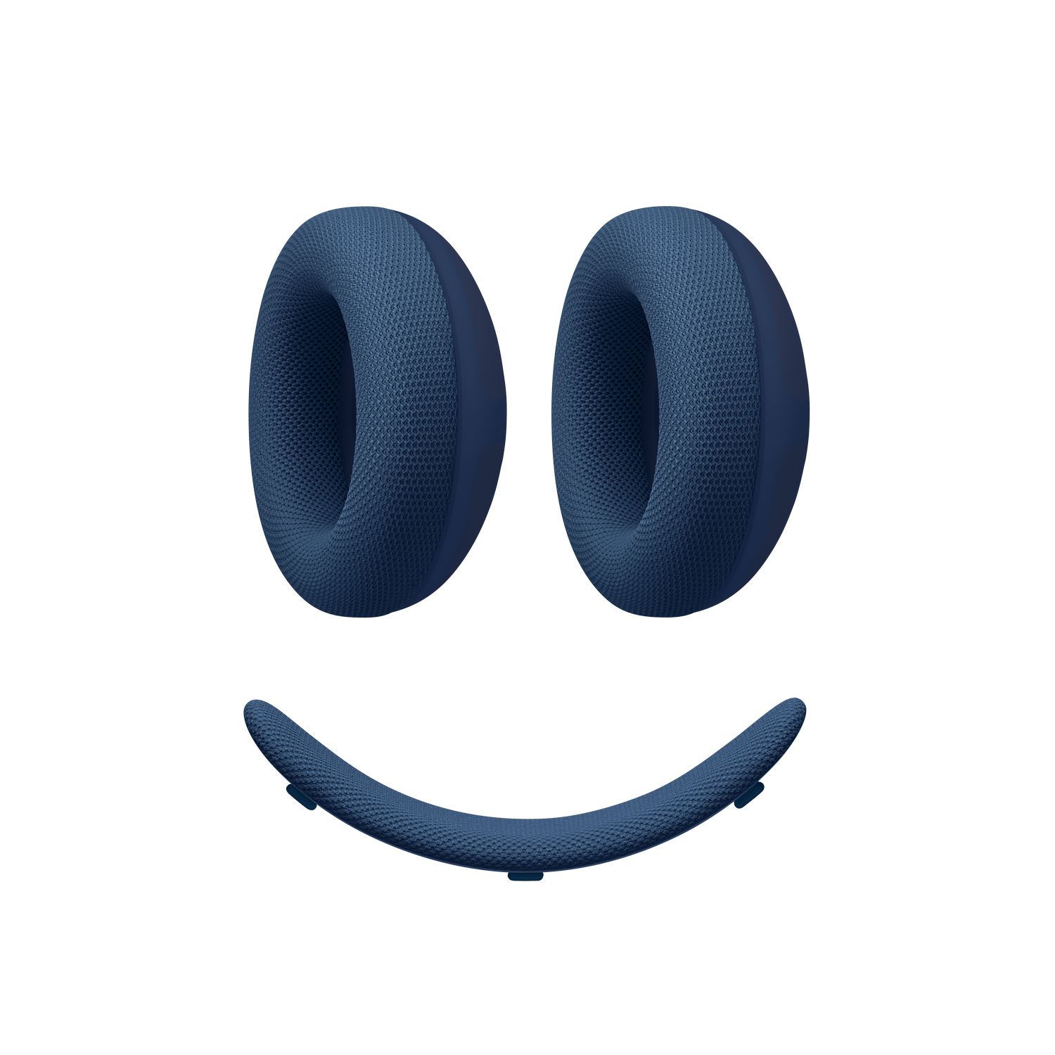 Dos almohadillas azules y una diadema forman una cara sonriente sobre un fondo negro.