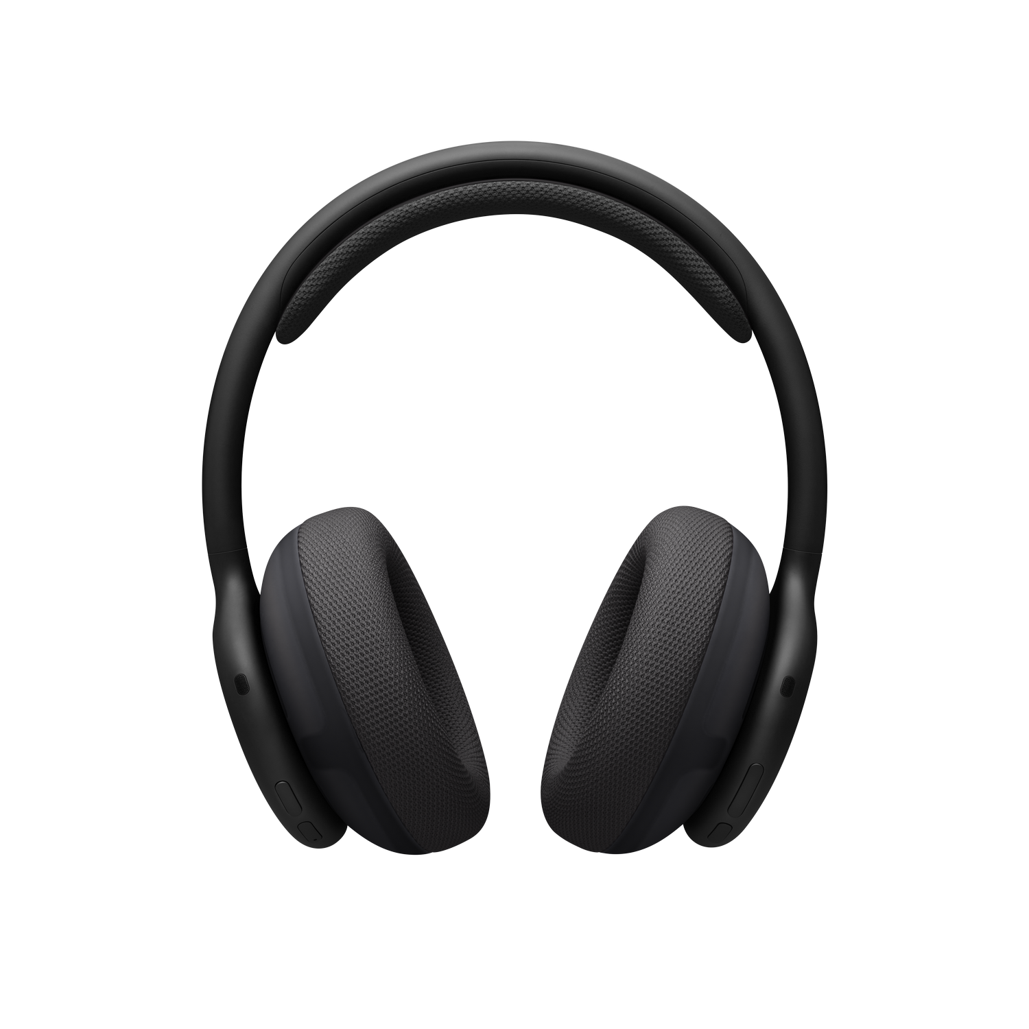 Un par de elegantes auriculares supraurales negros centrados en un fondo negro.
