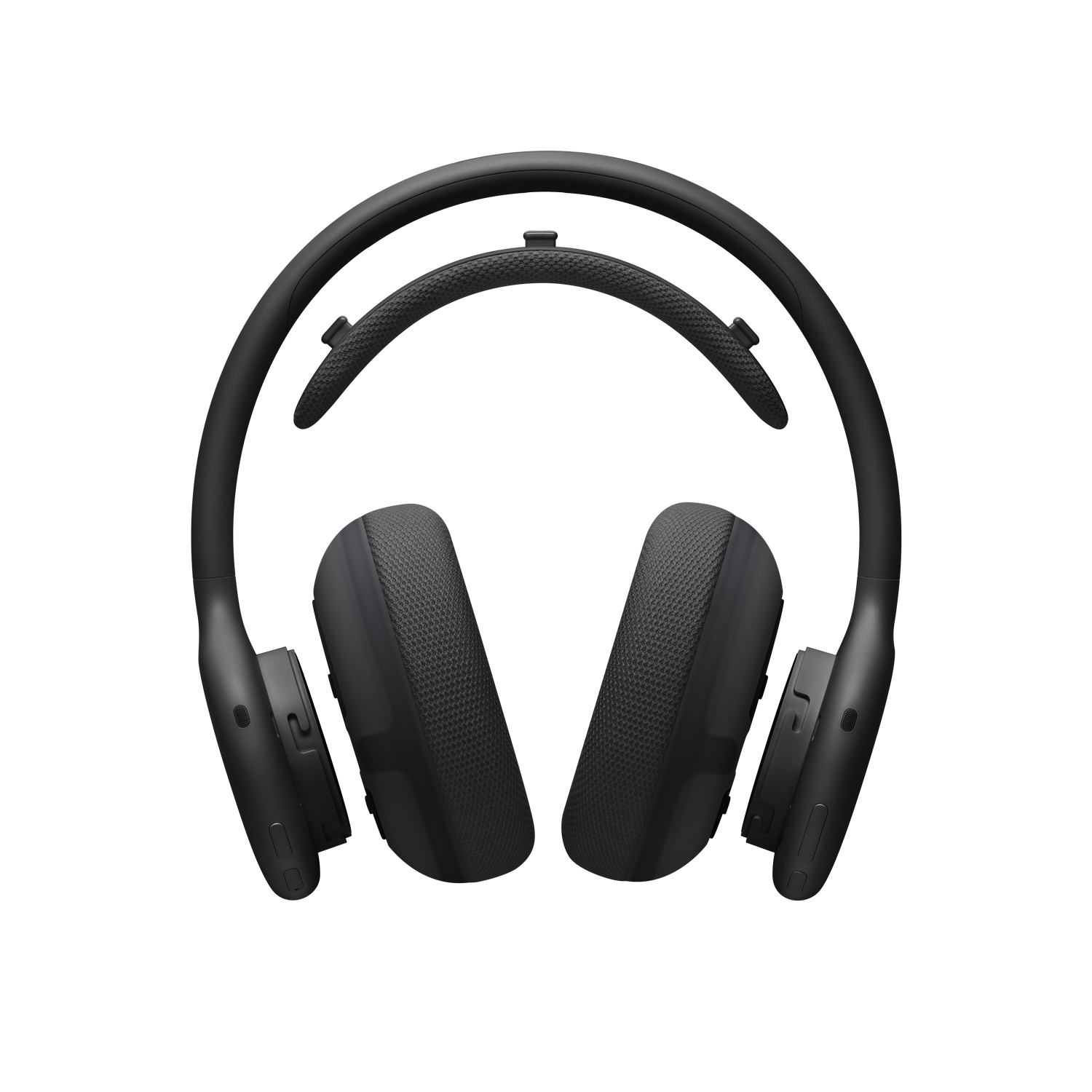 Un par de elegantes auriculares supraurales negros sobre un fondo negro sólido.