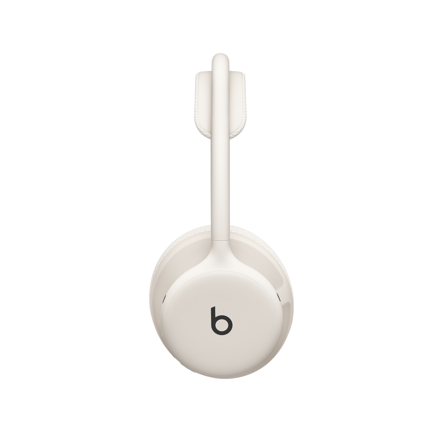 Auriculares supraaurales beiges con el logotipo gris 'b' sobre fondo negro.