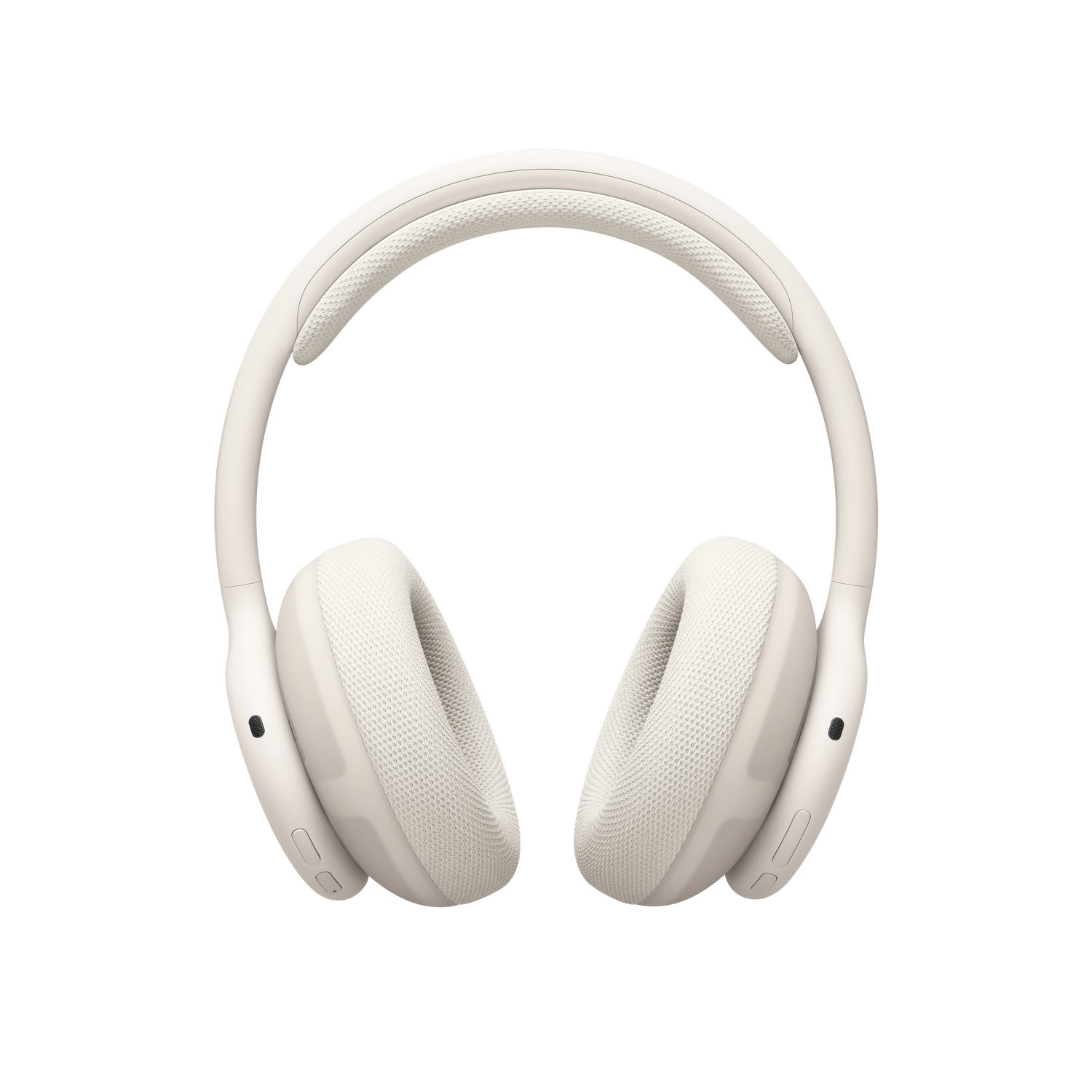 Auriculares supraaurales de color crema con almohadillas texturizadas sobre fondo negro.
