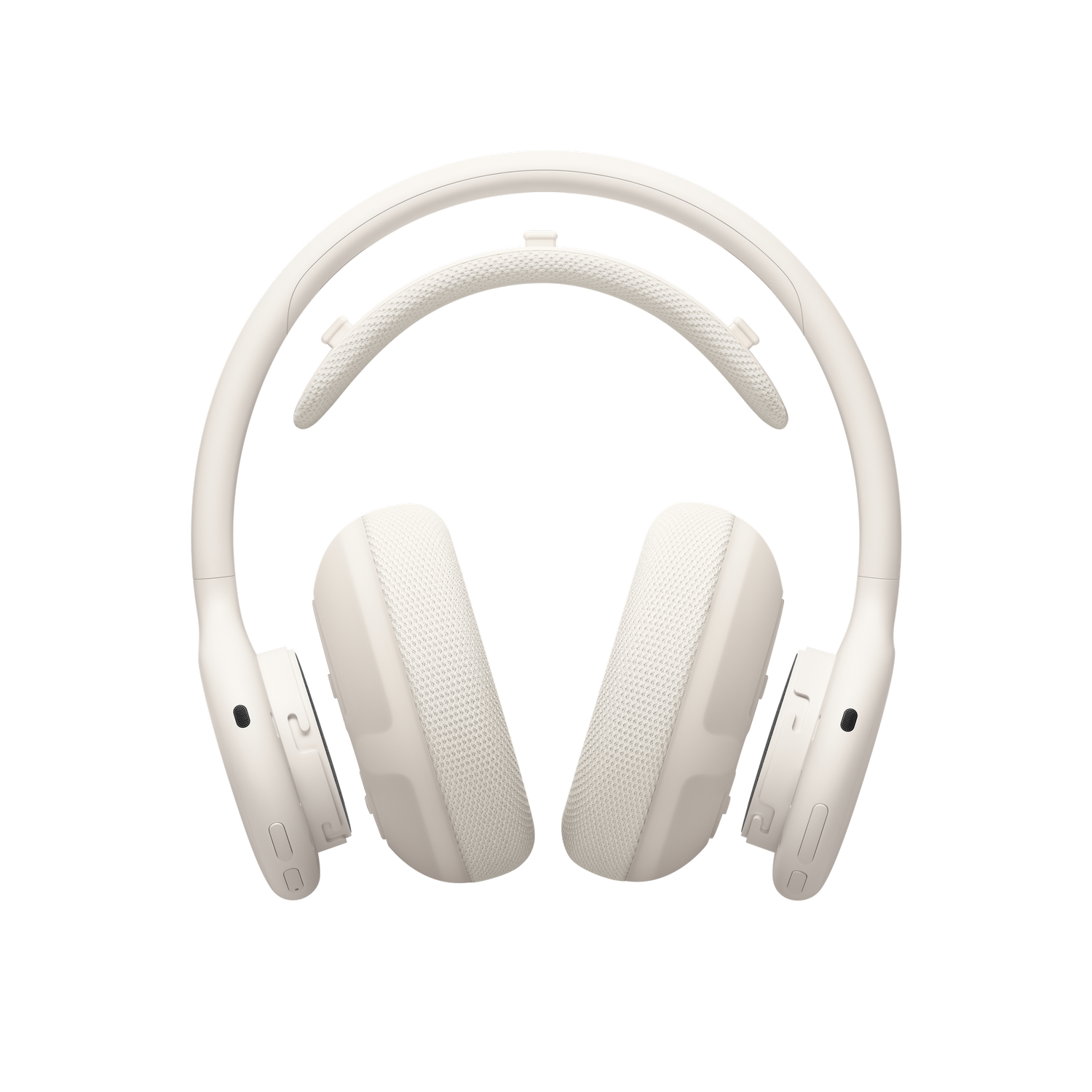 Auriculares supraurales blanquecinos con diadema de malla y almohadillas sobre fondo negro.