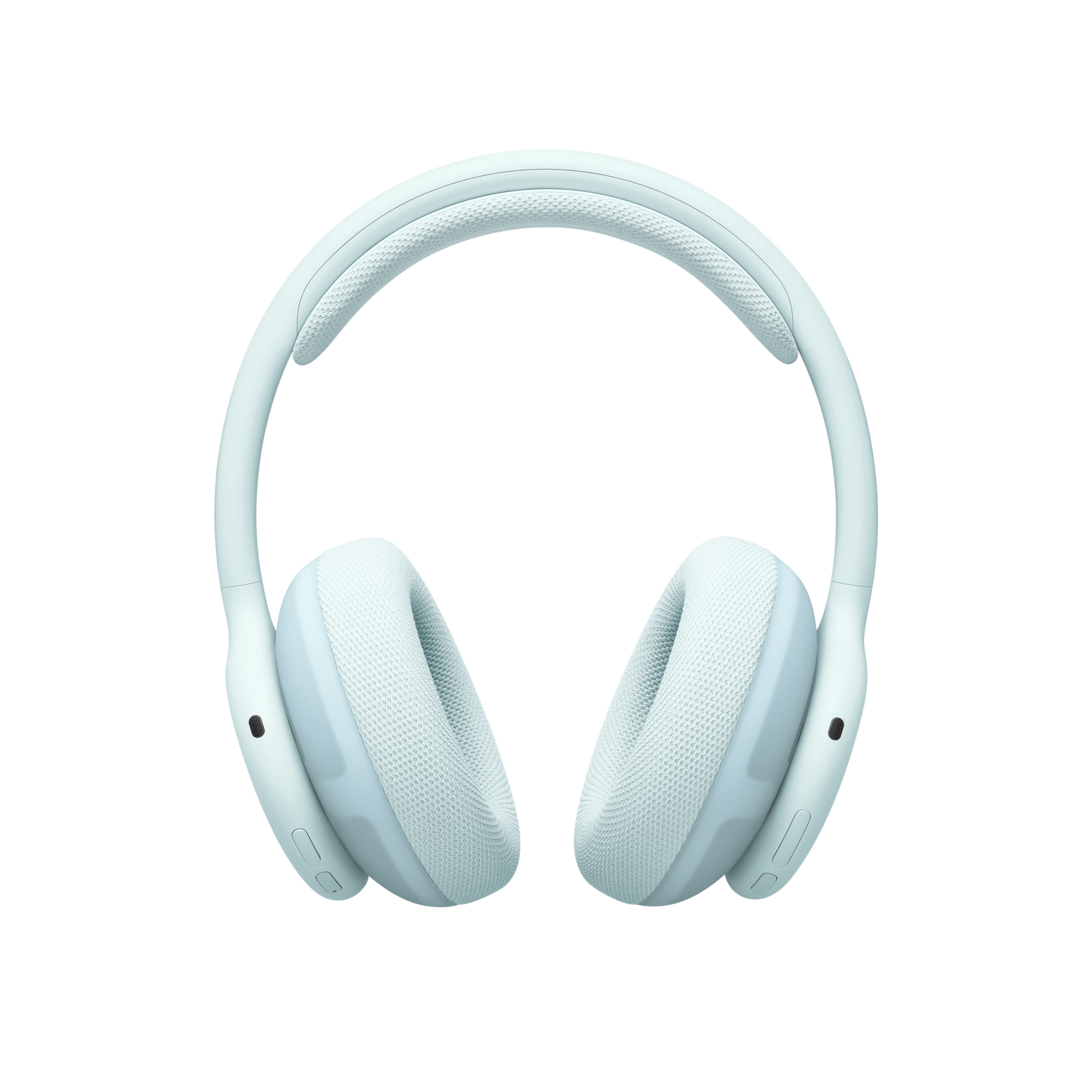 Auriculares supraurales inalámbricos de color azul claro sobre fondo negro.