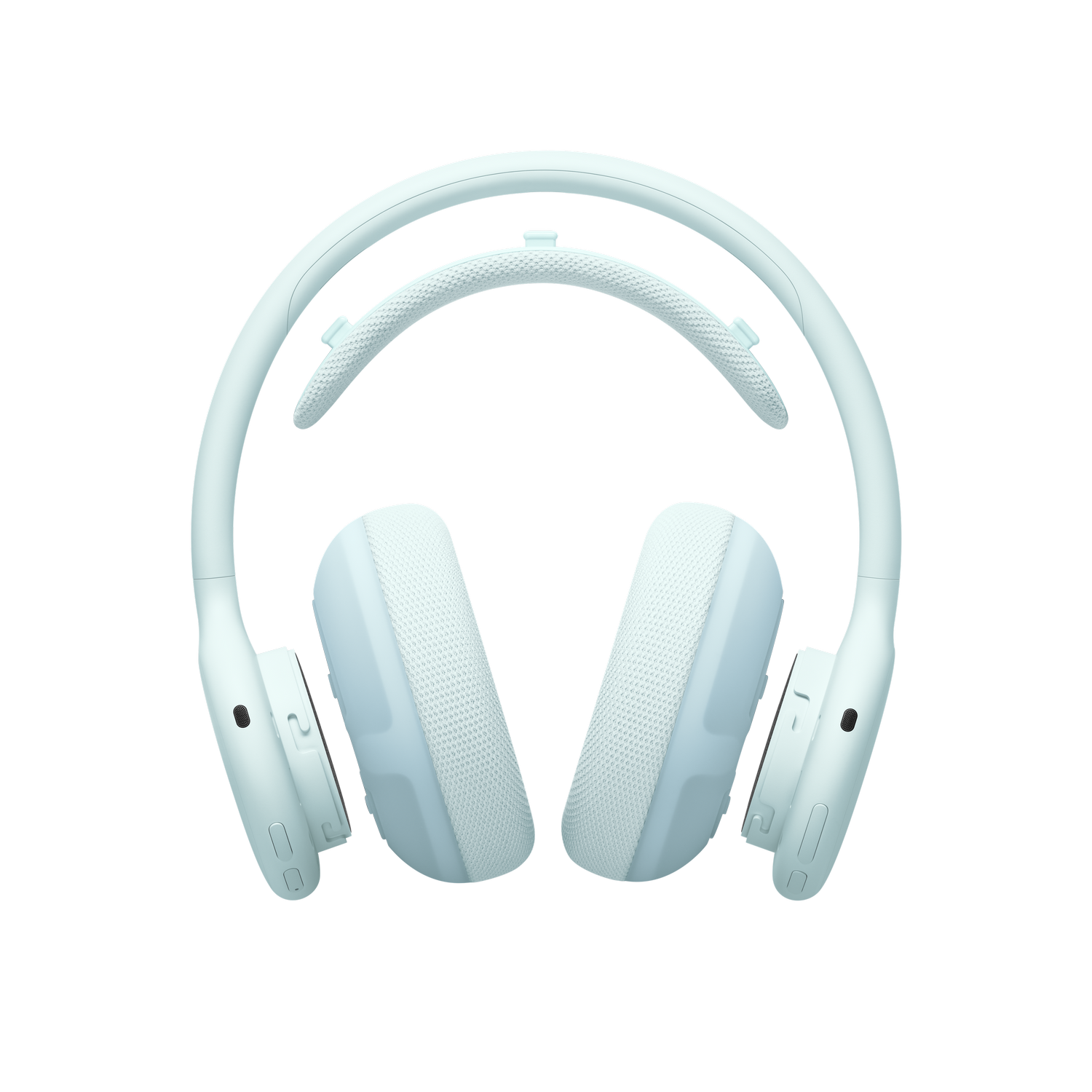 Auriculares inalámbricos azul claro con almohadillas texturizadas y diadema interior en fondo negro.
