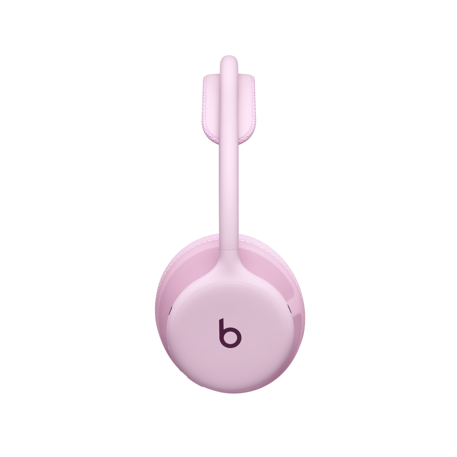 Auriculares supraaurales inalámbricos rosas con el logotipo de Beats, vistos de lado sobre fondo negro.