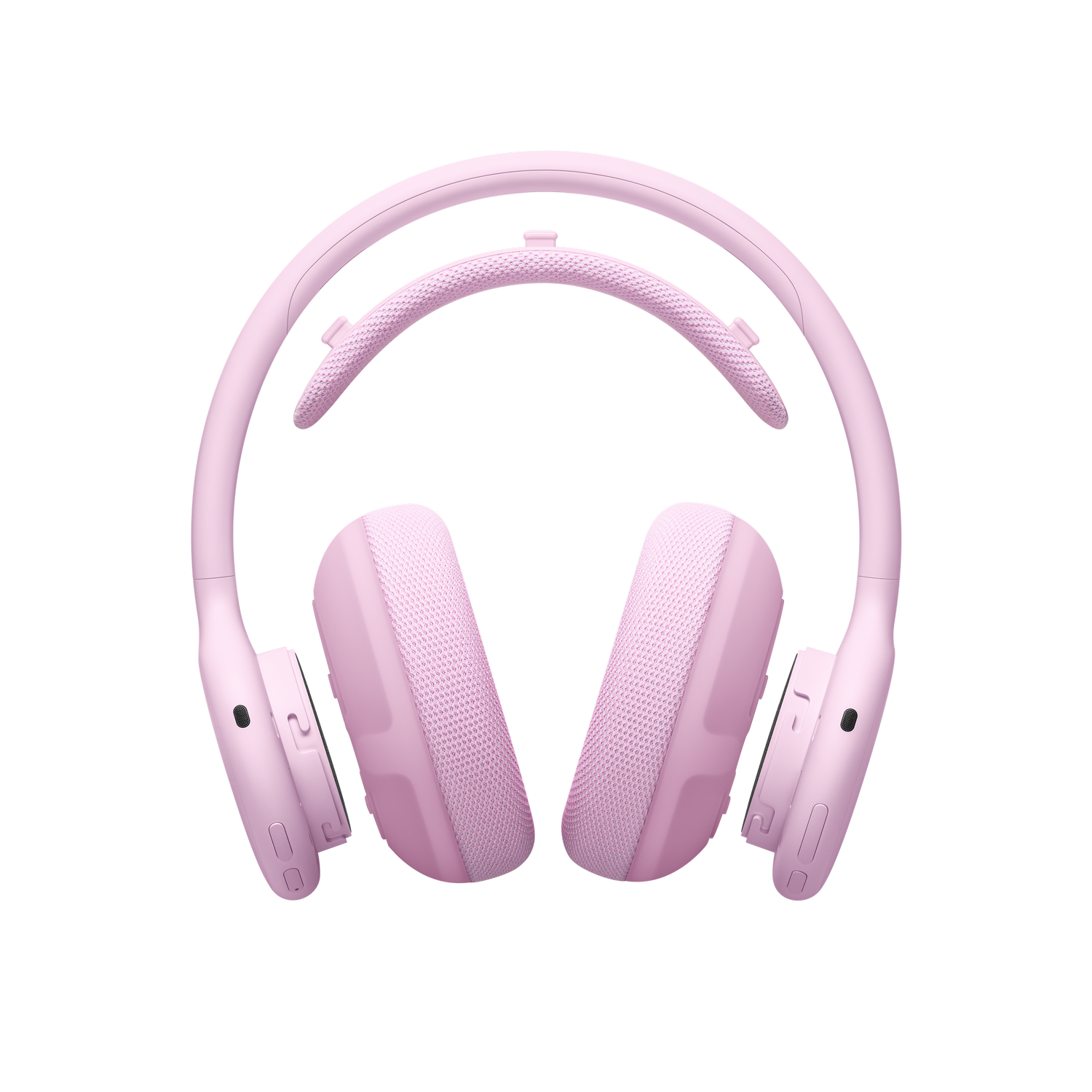 Auriculares inalámbricos de diadema de color rosa con cojín desmontable sobre fondo negro.