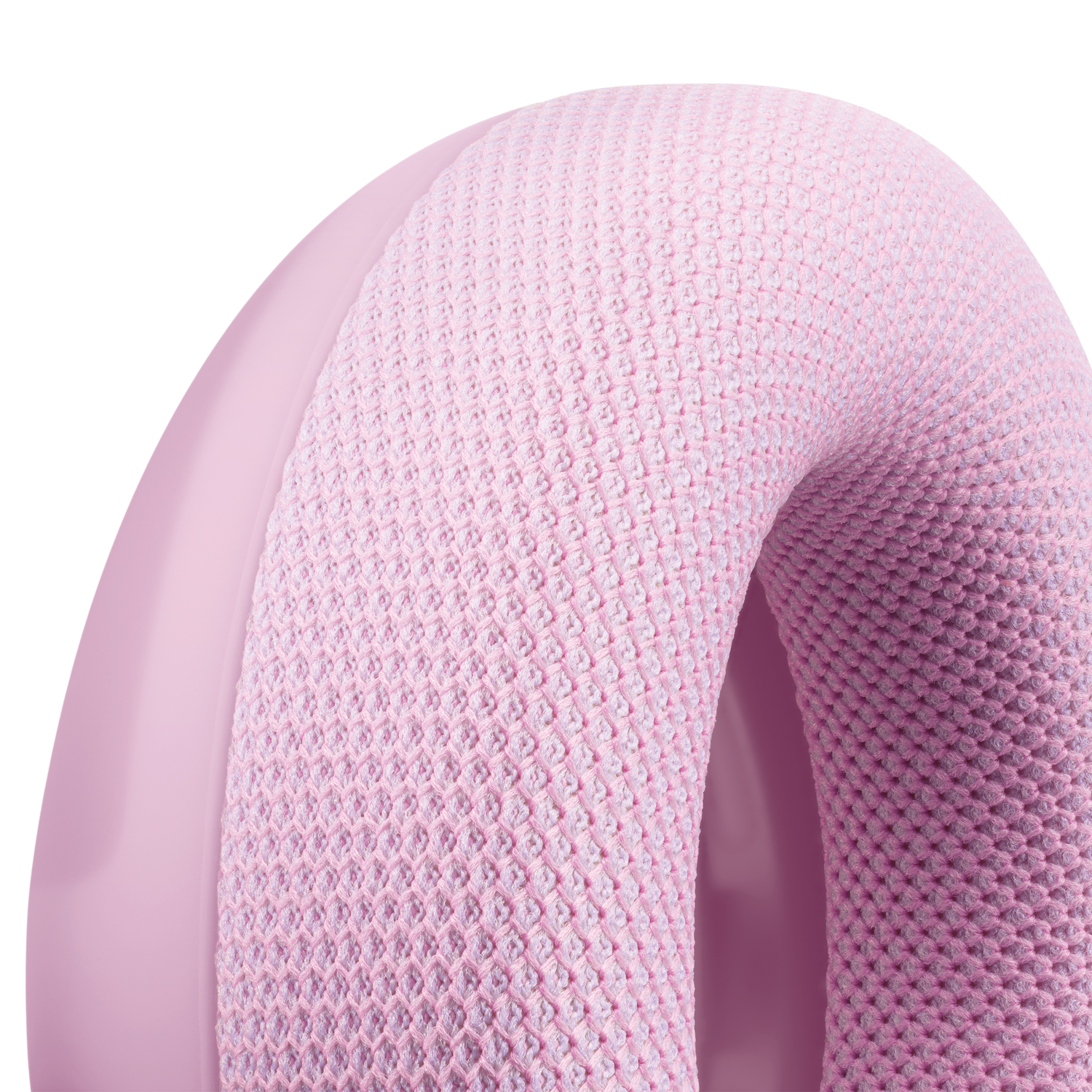 Primer plano de un arco de tela texturizada rosa con base de plástico liso sobre fondo negro.
