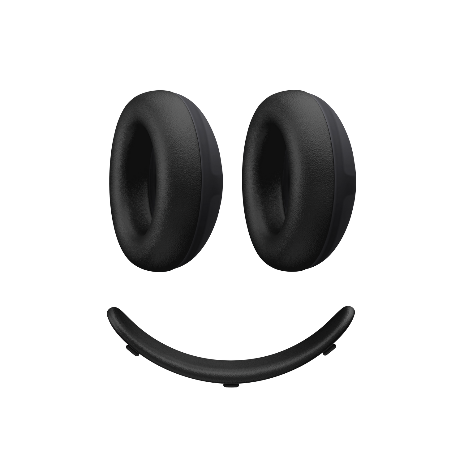 Piezas de auriculares negras forman una cara sonriente sobre fondo negro.
