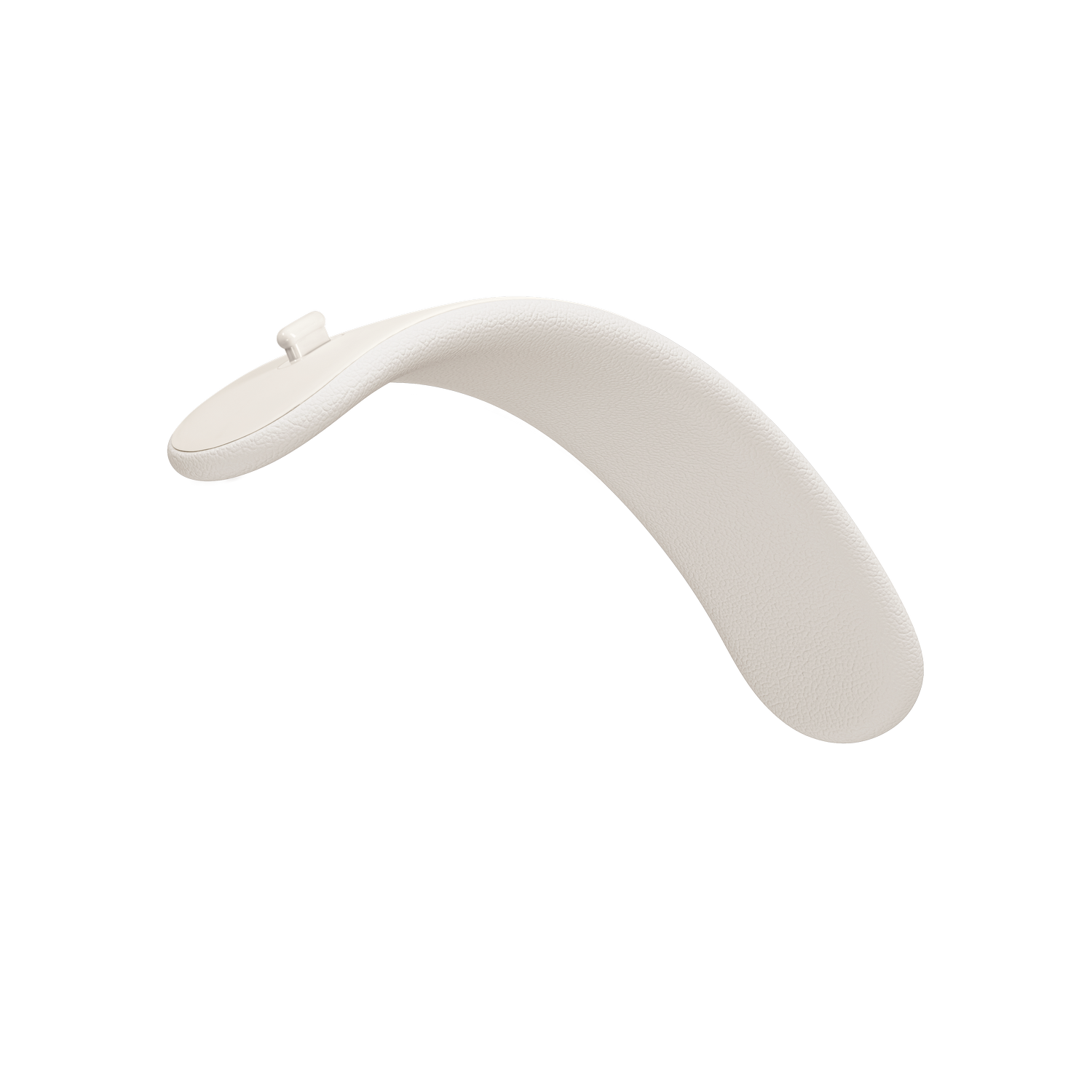 Un pasamanos blanco ligeramente curvado con un pequeño accesorio sobre fondo negro.