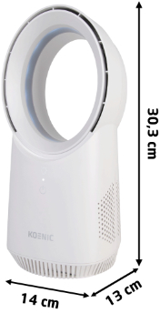 Un ventilateur blanc sans pales mesurant 30,3 cm de haut, 14 cm de large et 13 cm de profondeur.