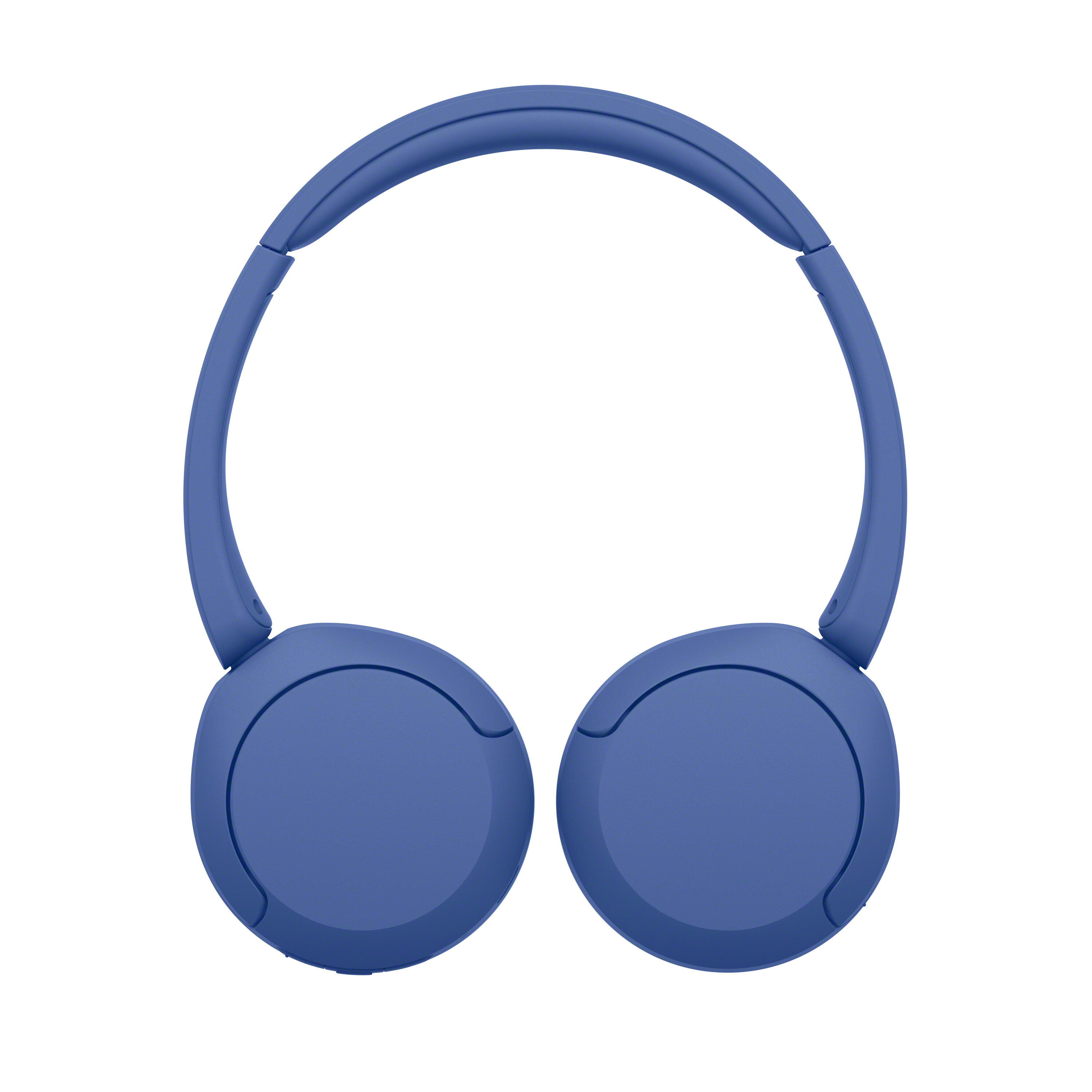Auriculares supraurales azules sobre un fondo blanco.